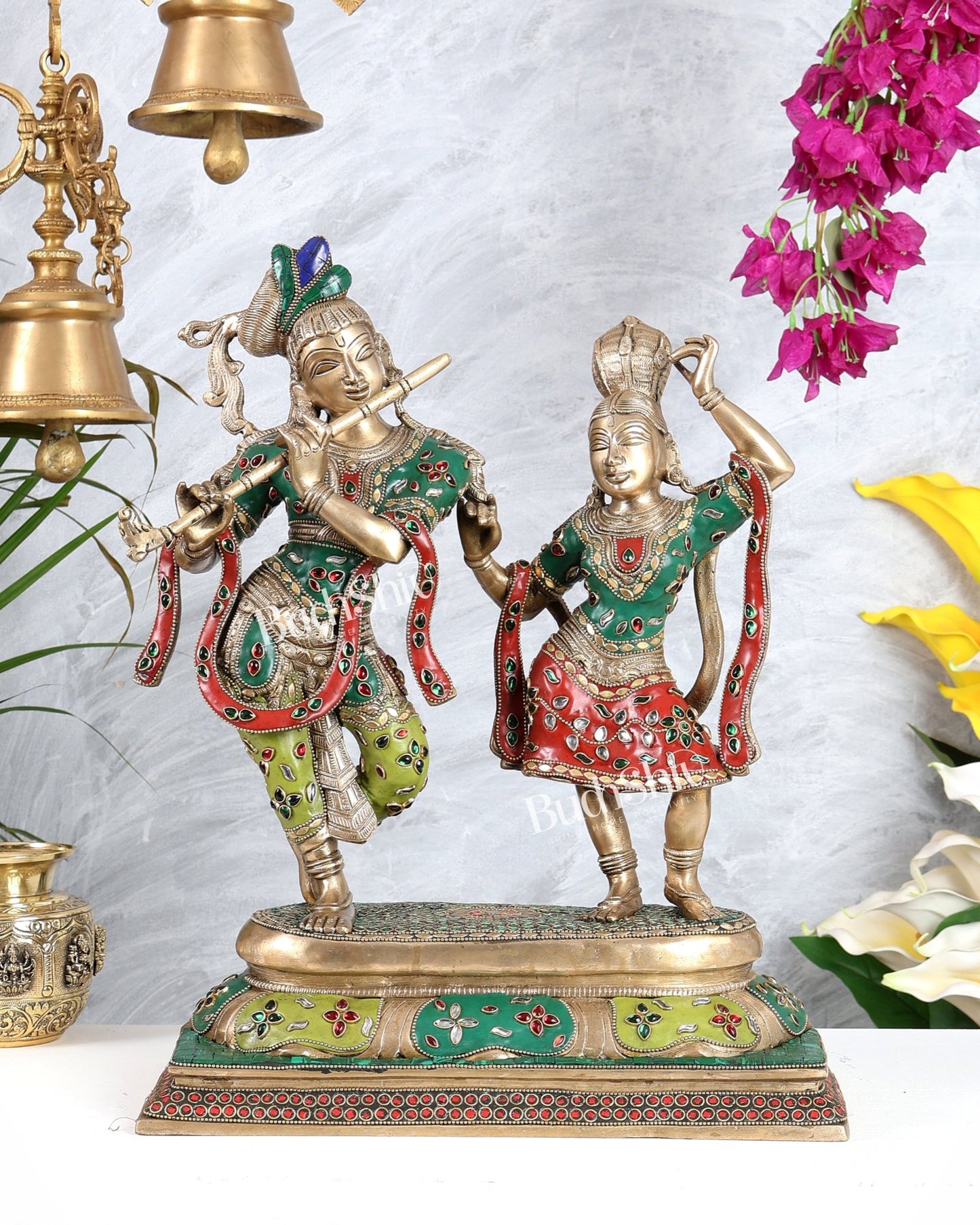 Pure Brass Superfine Radha Krishna Dancing Idols - 18 inch multicolour - Budhshiv.com