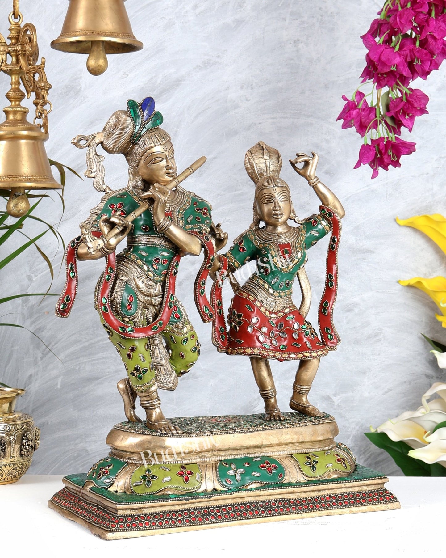 Pure Brass Superfine Radha Krishna Dancing Idols - 18 inch multicolour - Budhshiv.com