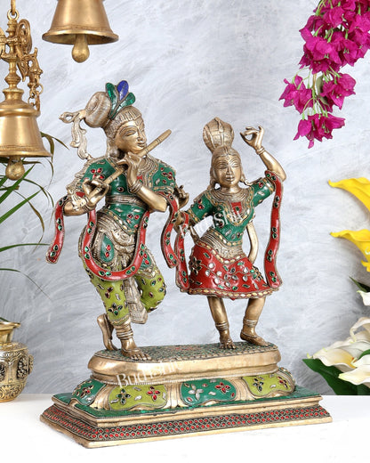 Pure Brass Superfine Radha Krishna Dancing Idols - 18 inch multicolour - Budhshiv.com