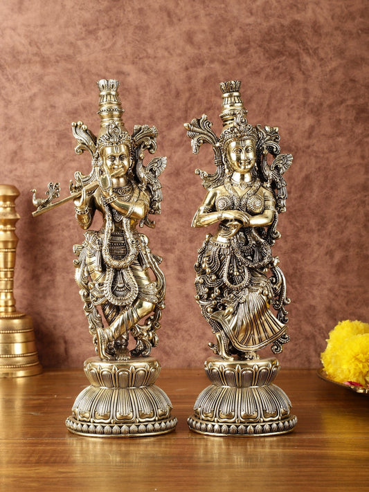 Pure Brass Superfine Radha Krishna Idols - Intricately Carved - 11" Tall - Budhshiv.com