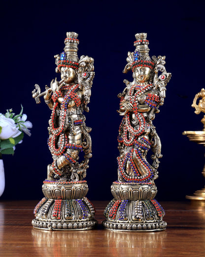 Pure Brass Superfine Radha Krishna Idols with Jewellery work 11" Tall - Budhshiv.com