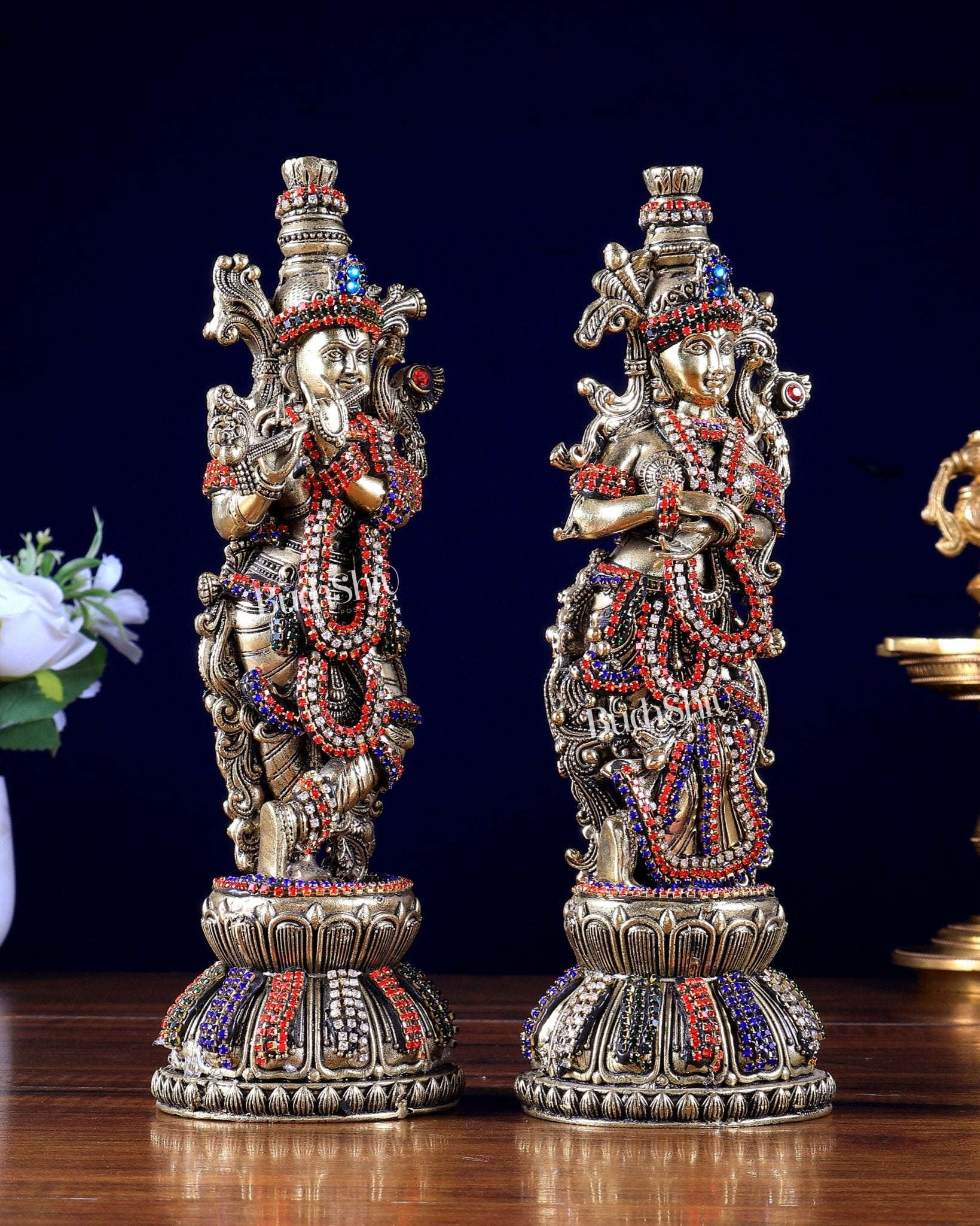 Pure Brass Superfine Radha Krishna Idols with Jewellery work 11" Tall - Budhshiv.com