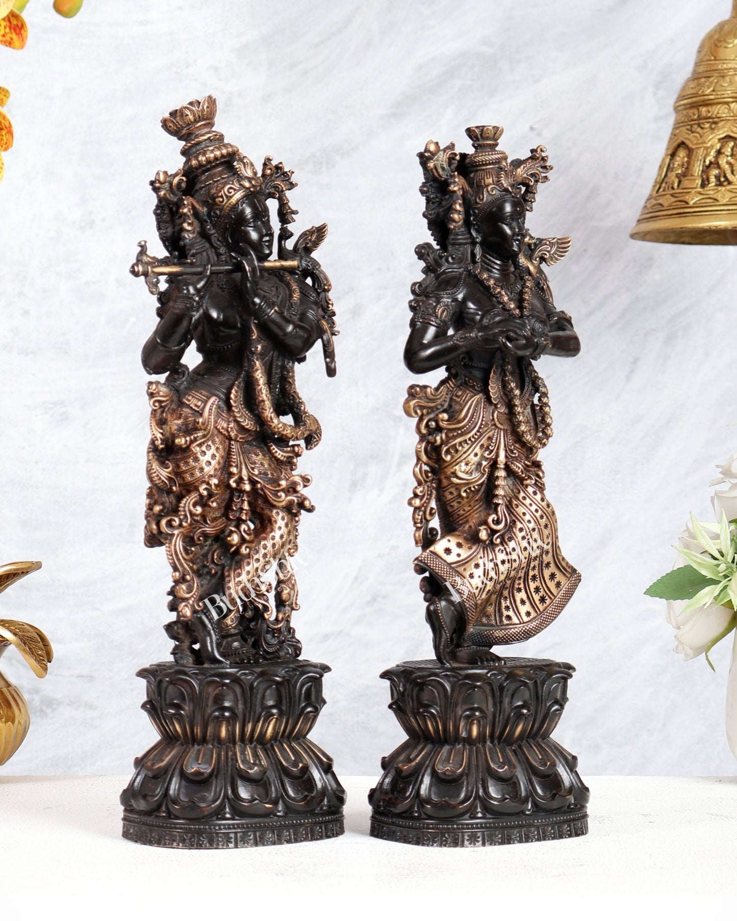 Pure Brass Superfine Radha Krishna Intricate Idol 12" black and gold - Budhshiv.com