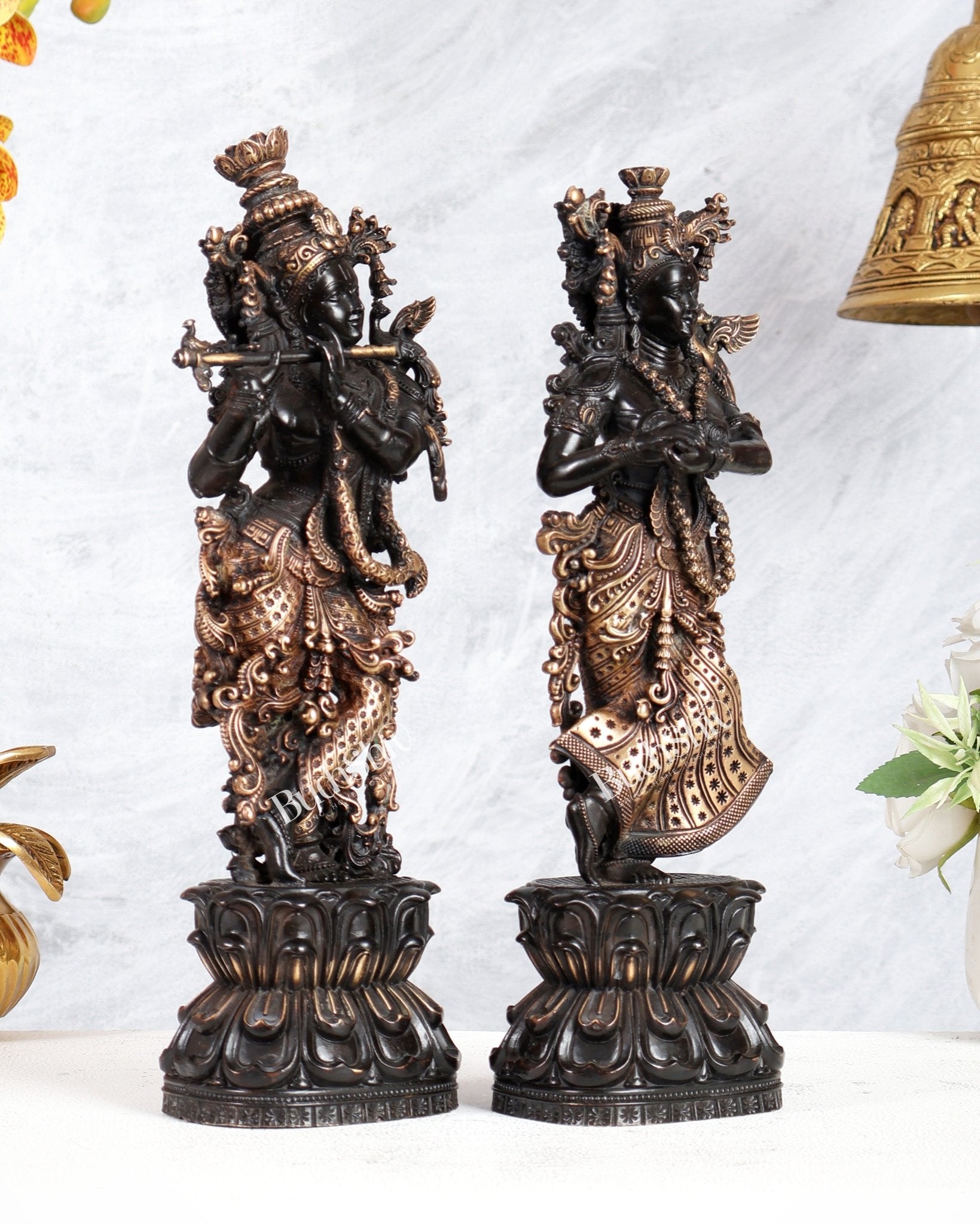 Pure Brass Superfine Radha Krishna Intricate Idol 12" black and gold - Budhshiv.com