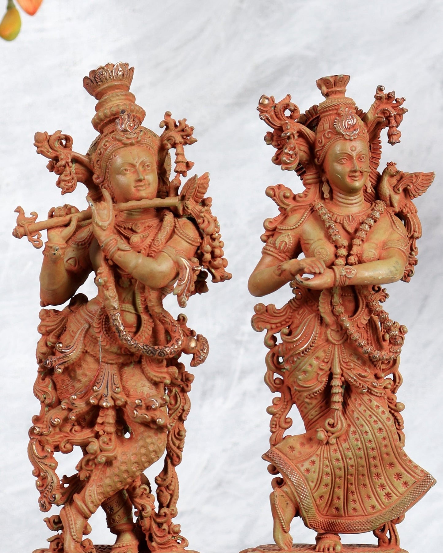 Pure Brass Superfine Radha Krishna Intricate Idol 12" Green sand patina - Budhshiv.com