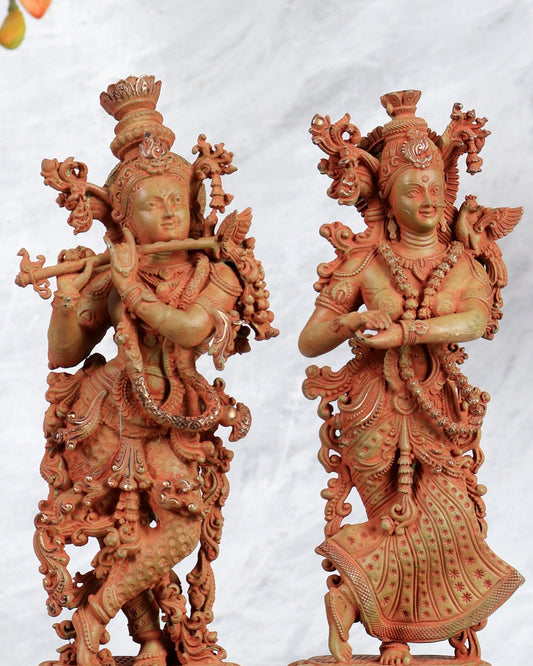 Pure Brass Superfine Radha Krishna Intricate Idol 12" Green sand patina - Budhshiv.com