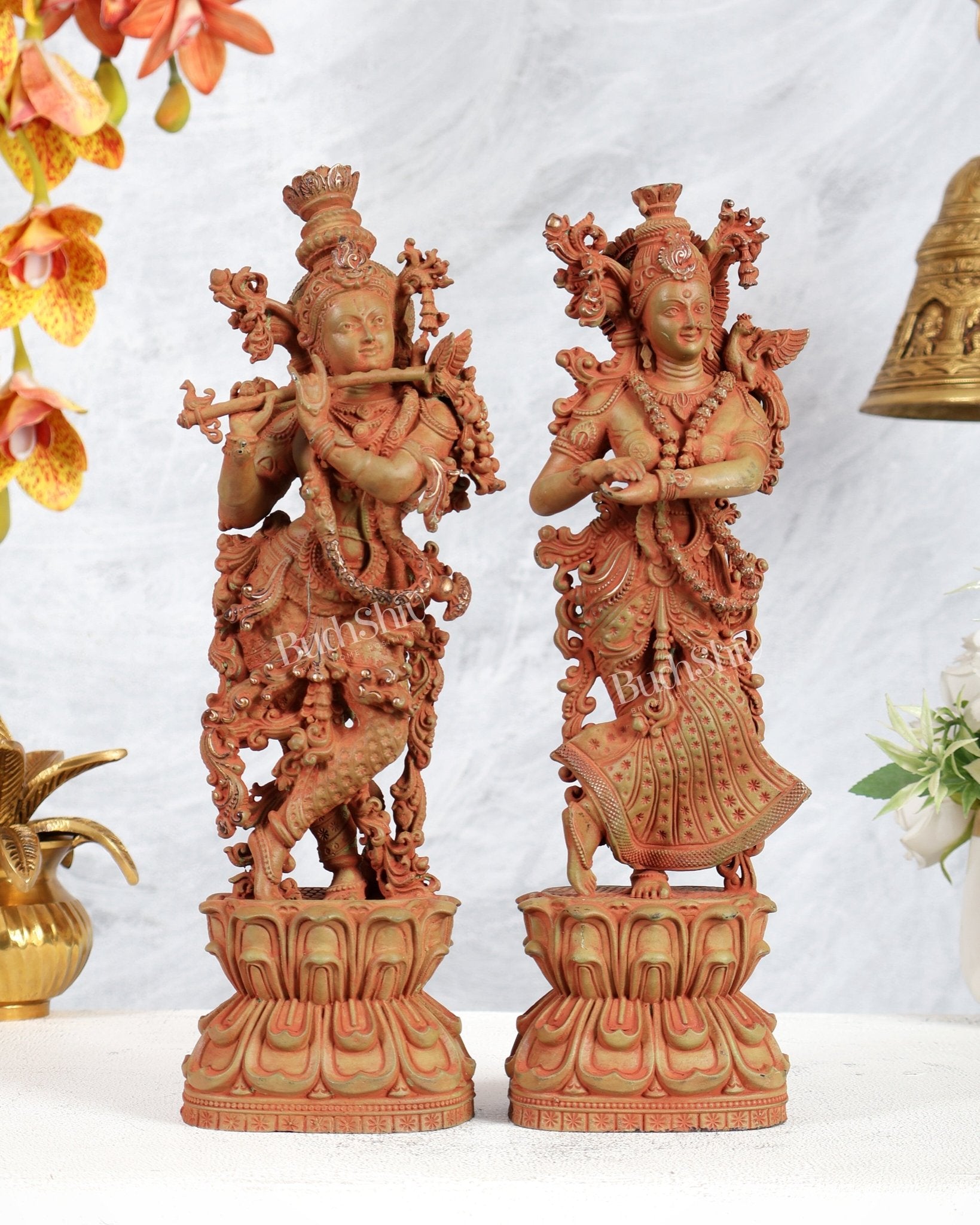 Pure Brass Superfine Radha Krishna Intricate Idol 12" Green sand patina - Budhshiv.com