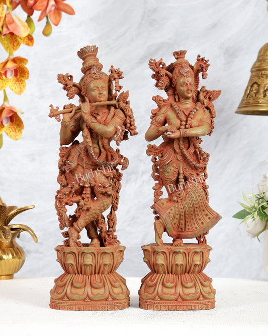 Pure Brass Superfine Radha Krishna Intricate Idol 12" Green sand patina - Budhshiv.com