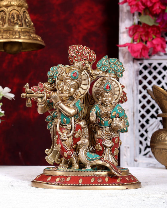 Pure Brass Superfine Radha Krishna Standing Under Kalpavriksha Statue 8 inch with Stonework - Budhshiv.com
