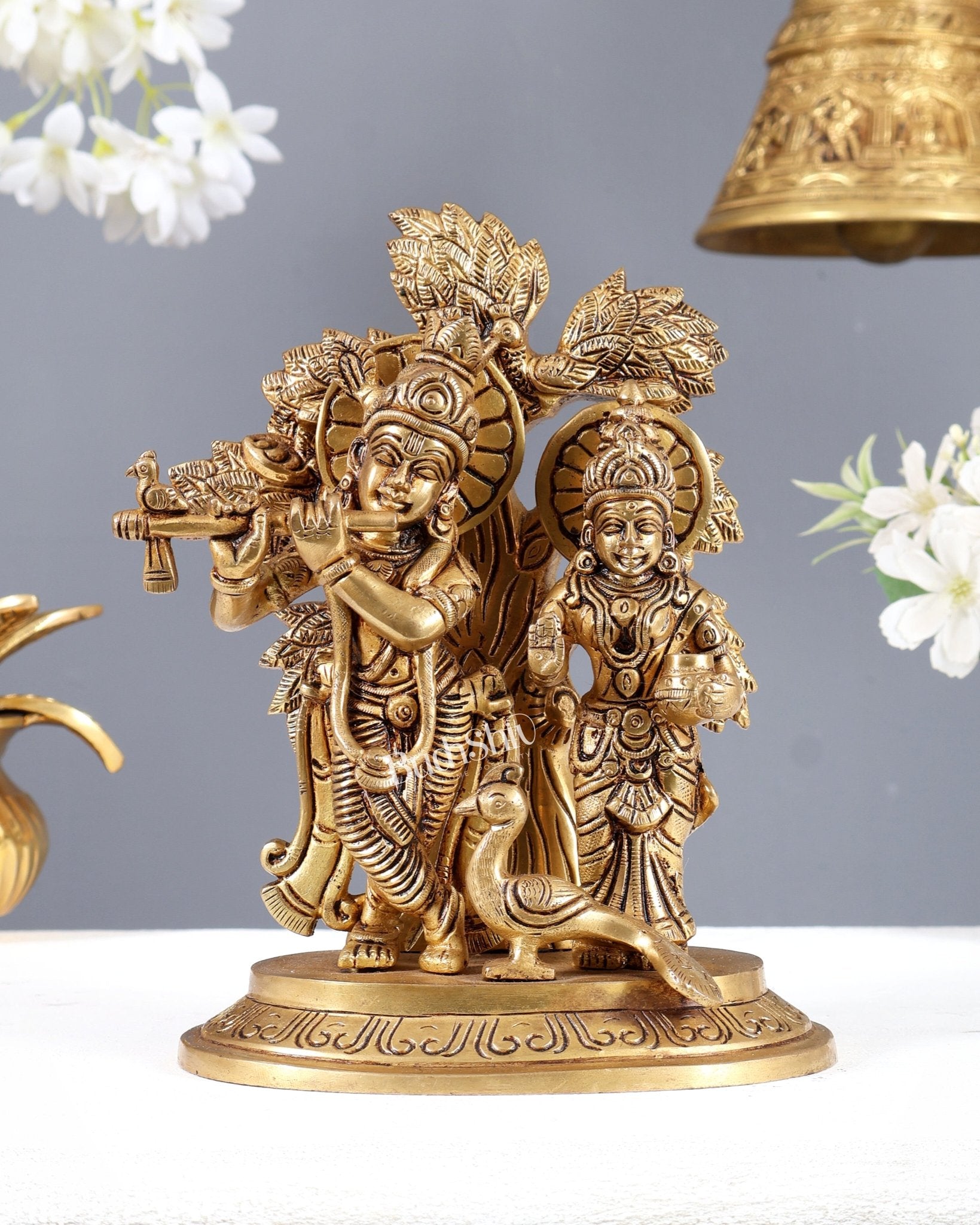 Pure Brass Superfine Radha Krishna Standing Under Kalpavriksha Statue 8 inch - Budhshiv.com