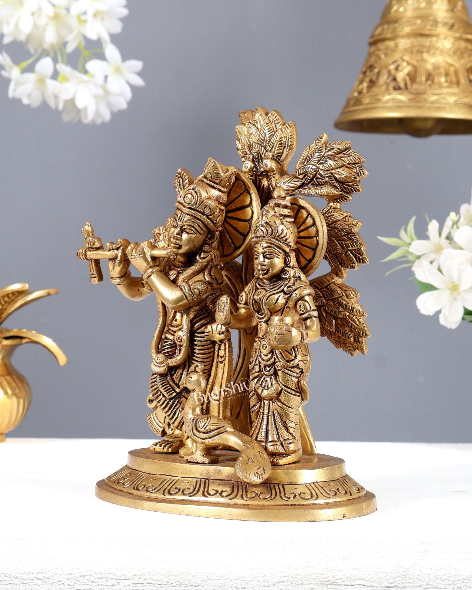 Pure Brass Superfine Radha Krishna Standing Under Kalpavriksha Statue 8 inch - Budhshiv.com