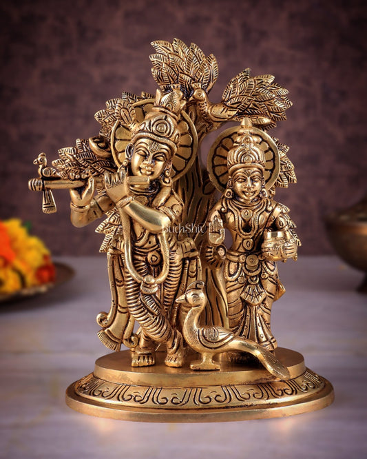 Pure Brass Superfine Radha Krishna Standing Under Kalpavriksha Statue - Budhshiv.com