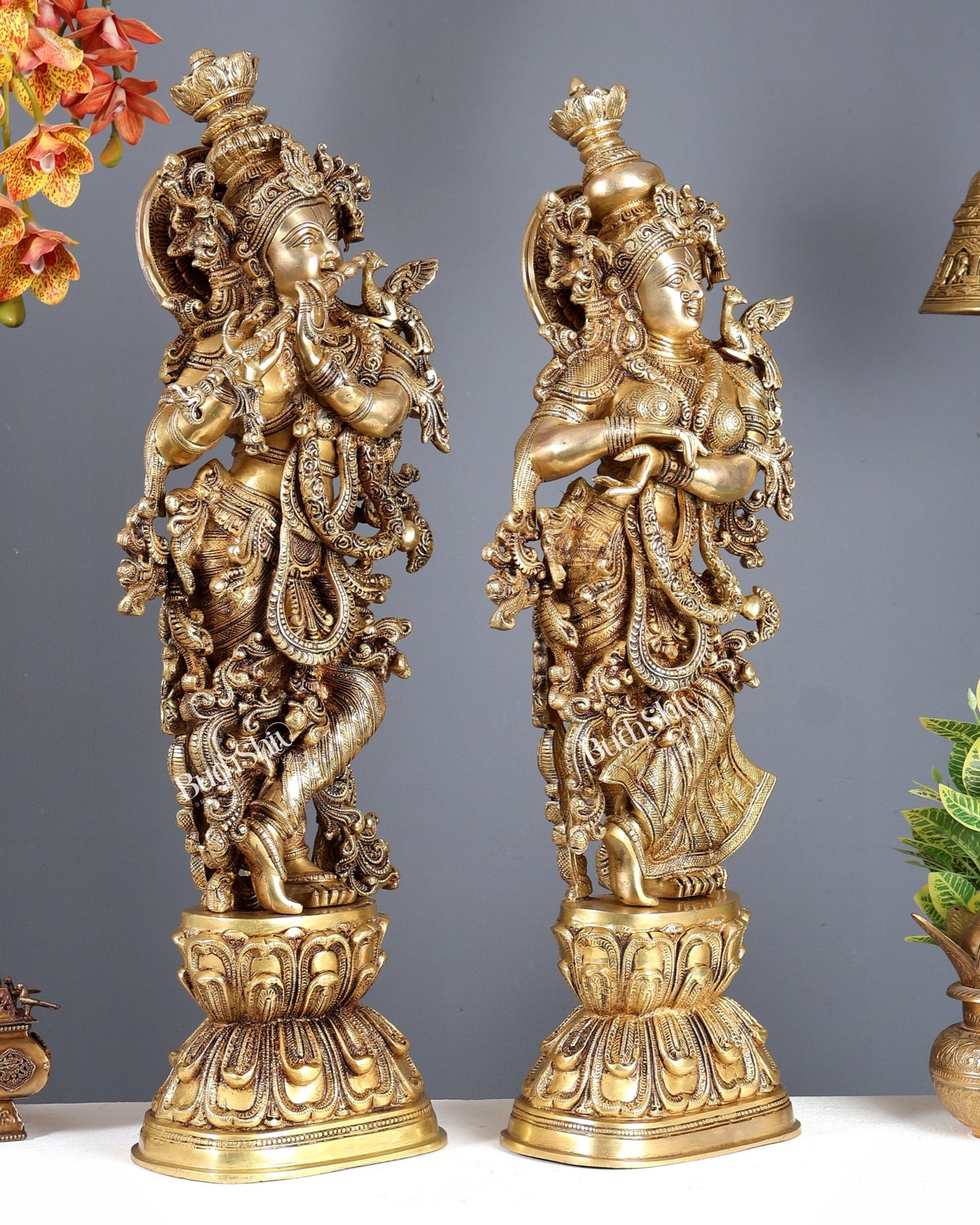 Pure Brass Superfine Radha Krishna Statue | 30" pair Original - Budhshiv.com
