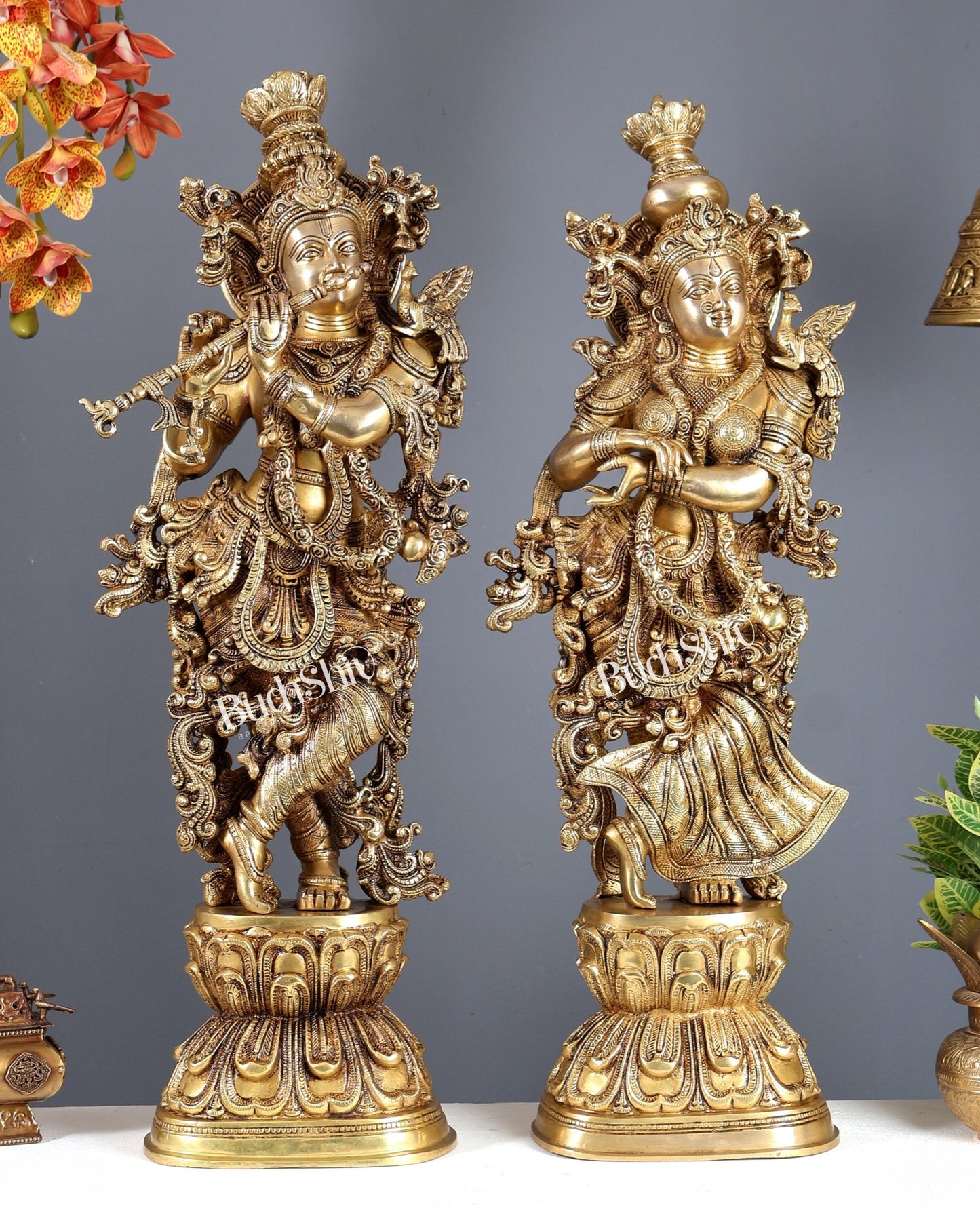 Pure Brass Superfine Radha Krishna Statue | 30" pair Original - Budhshiv.com