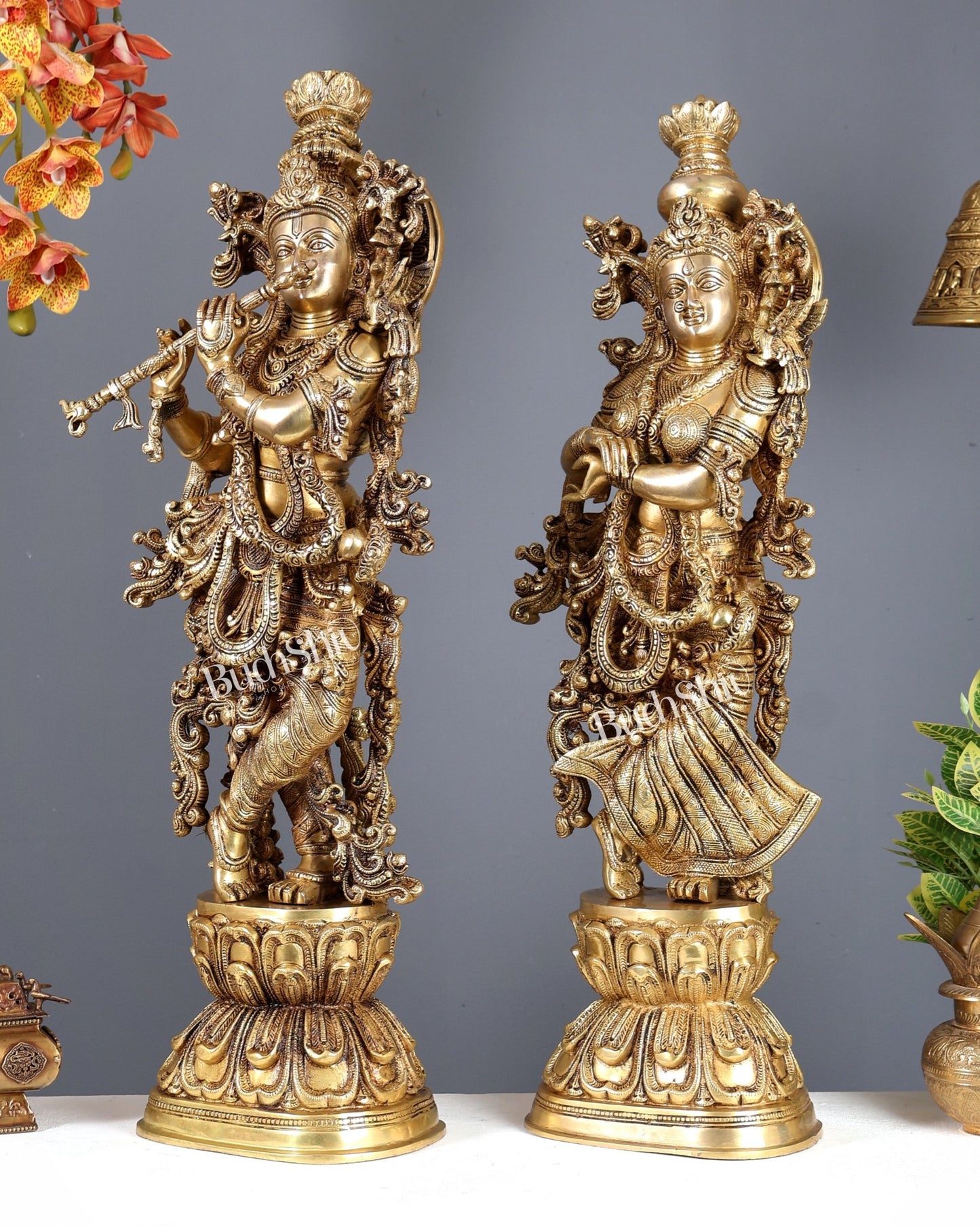 Pure Brass Superfine Radha Krishna Statue | 30" pair Original - Budhshiv.com