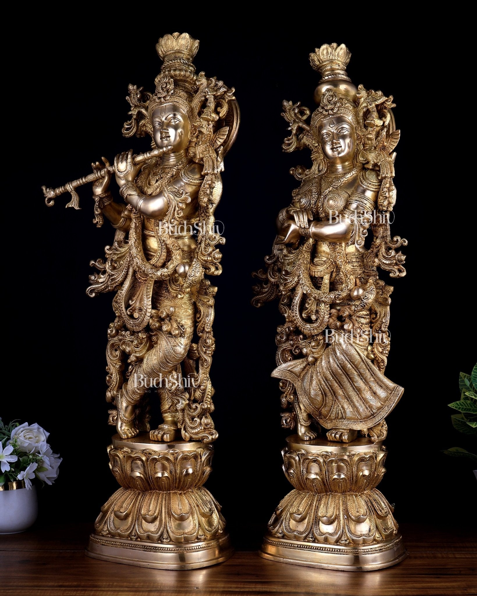 Pure Brass Superfine Radha Krishna Statue Set – 30 Inch Divine Pair | Intricately Carved Premium Brass Idols (43 kg) - Budhshiv.com
