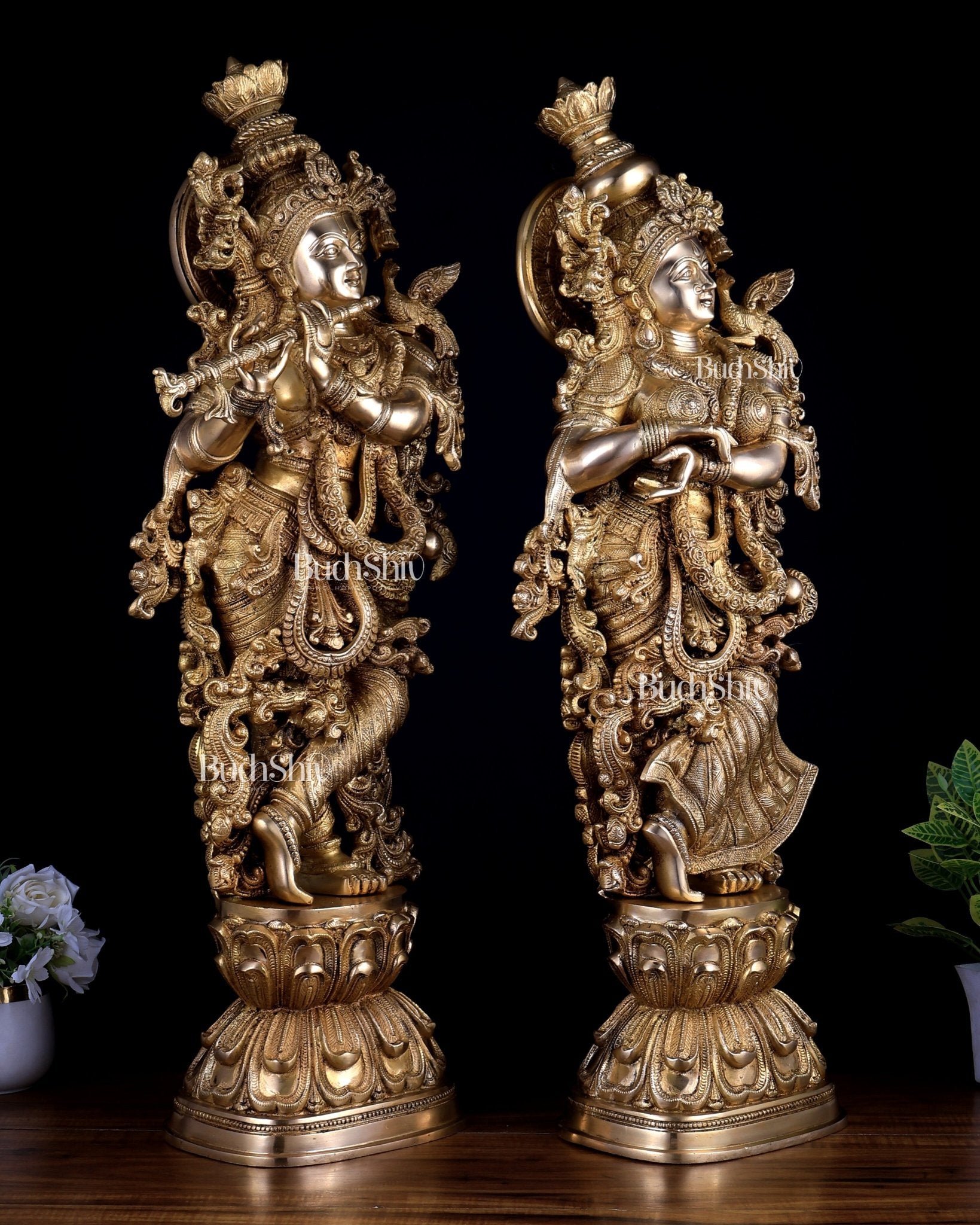 Pure Brass Superfine Radha Krishna Statue Set – 30 Inch Divine Pair | Intricately Carved Premium Brass Idols (43 kg) - Budhshiv.com