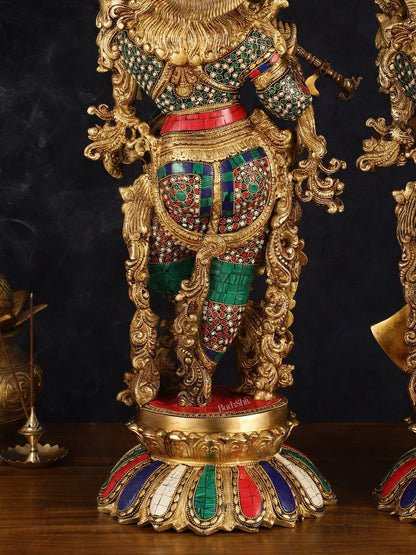Pure Brass Superfine Radha Krishna Statue with Stonework, 27" Height, 40 KG - Budhshiv.com