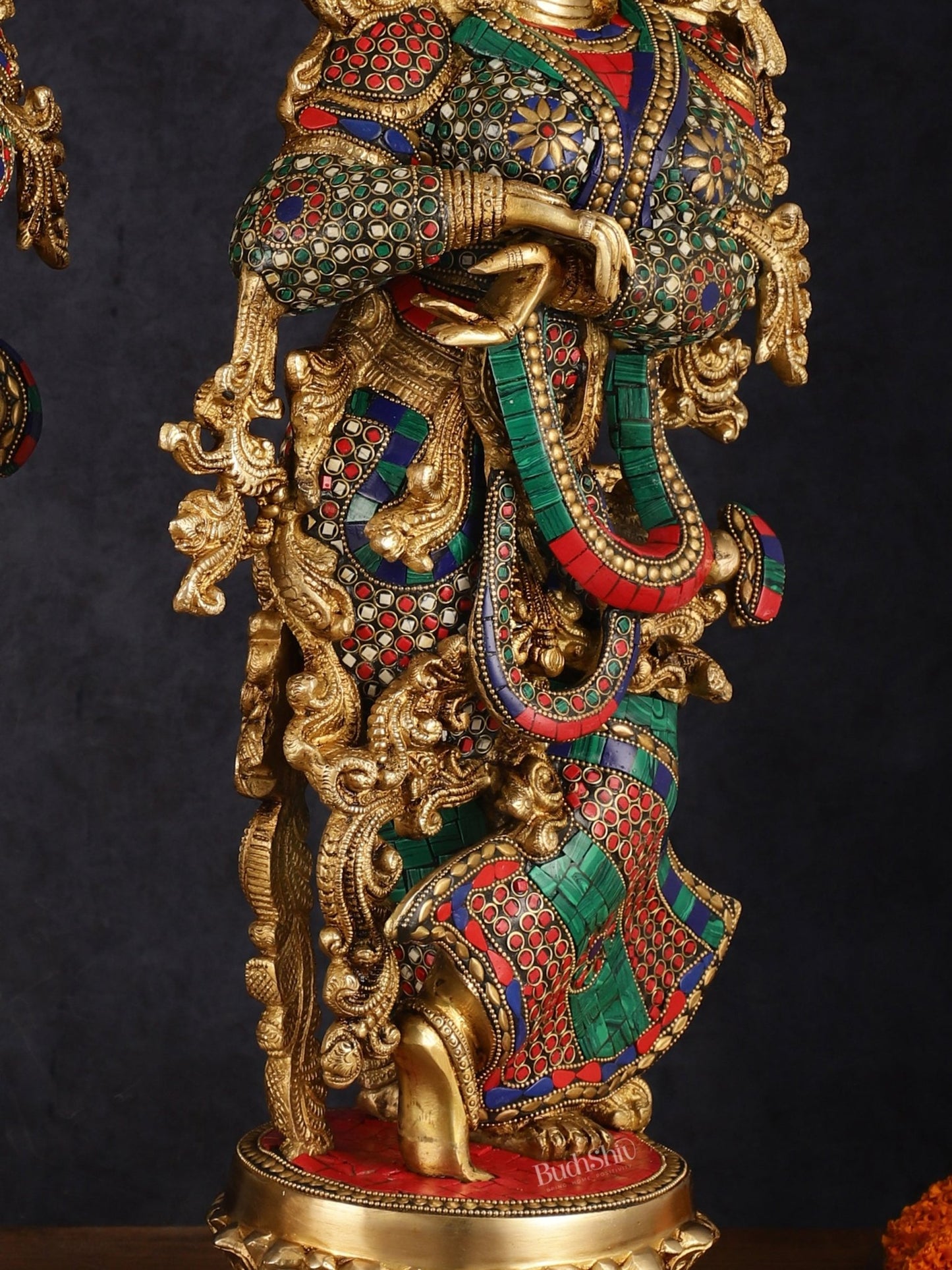 Pure Brass Superfine Radha Krishna Statue with Stonework, 27" Height, 40 KG - Budhshiv.com