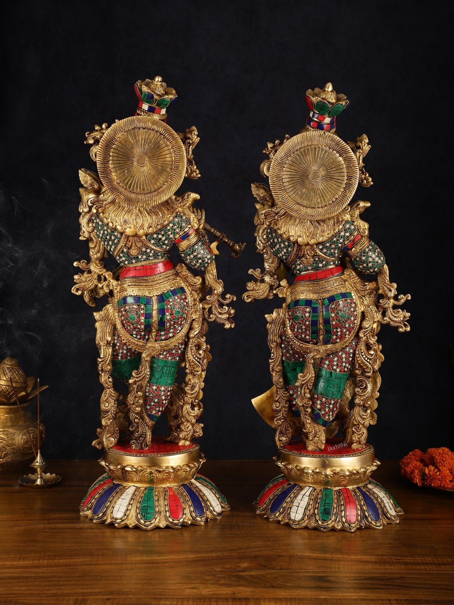 Pure Brass Superfine Radha Krishna Statue with Stonework, 27" Height, 40 KG - Budhshiv.com