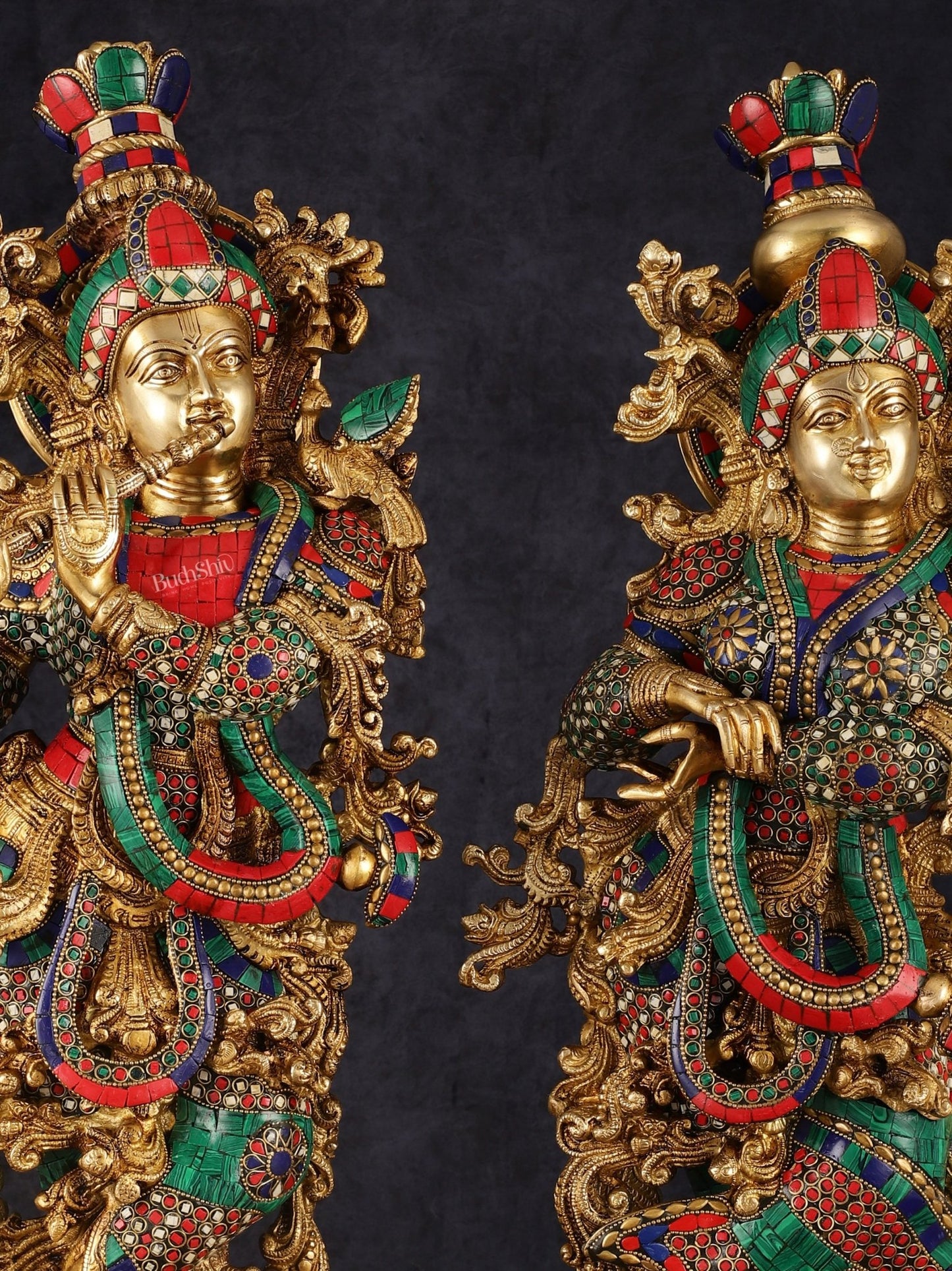 Pure Brass Superfine Radha Krishna Statue with Stonework, 27" Height, 40 KG - Budhshiv.com
