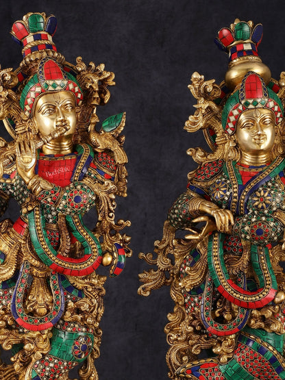 Pure Brass Superfine Radha Krishna Statue with Stonework, 27" Height, 40 KG - Budhshiv.com