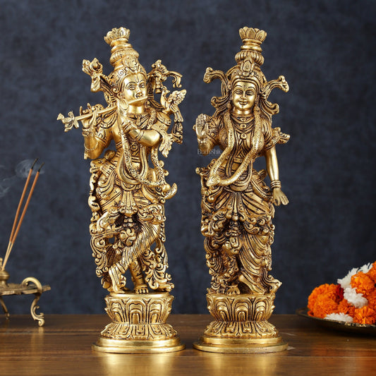 Pure Brass Superfine Radha Krishna Statues – 14" Height, Finely Carved with Sharp Features - Budhshiv.com