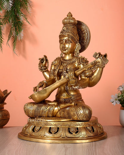Pure Brass Superfine Saraswati Statue – Large Size 17.5" - Budhshiv.com