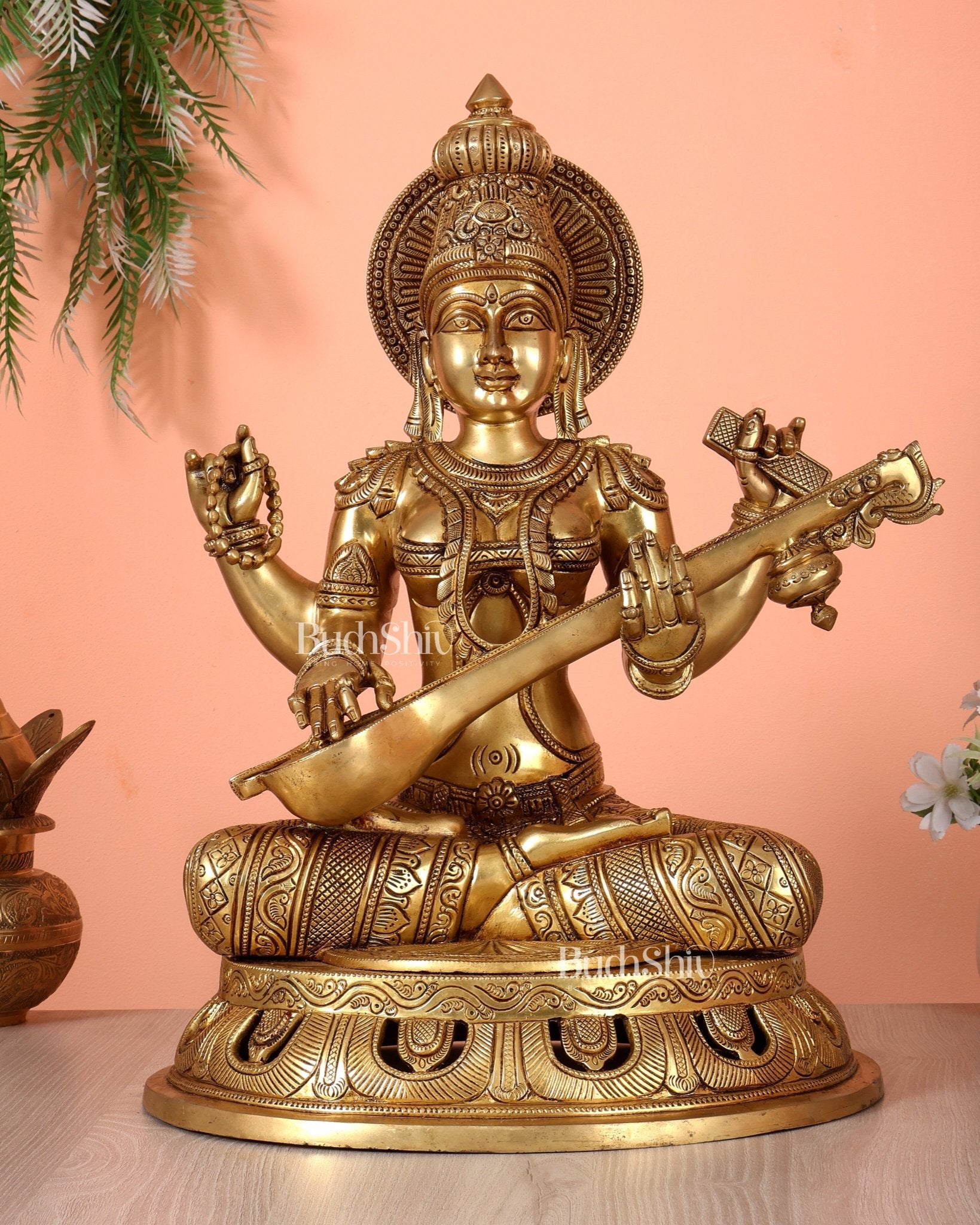 Pure Brass Superfine Saraswati Statue – Large Size 17.5" - Budhshiv.com