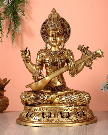 Pure Brass Superfine Saraswati Statue – Large Size 17.5" - Budhshiv.com