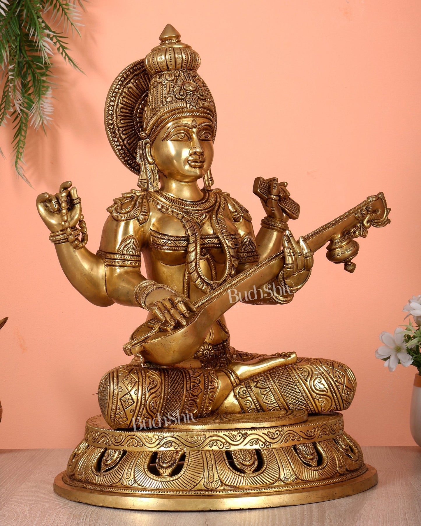 Pure Brass Superfine Saraswati Statue – Large Size 17.5" - Budhshiv.com