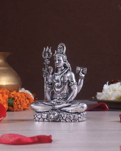 Pure Brass Superfine Silver Plated Lord Shiva in Meditation Idol - 4" Tall - Budhshiv.com