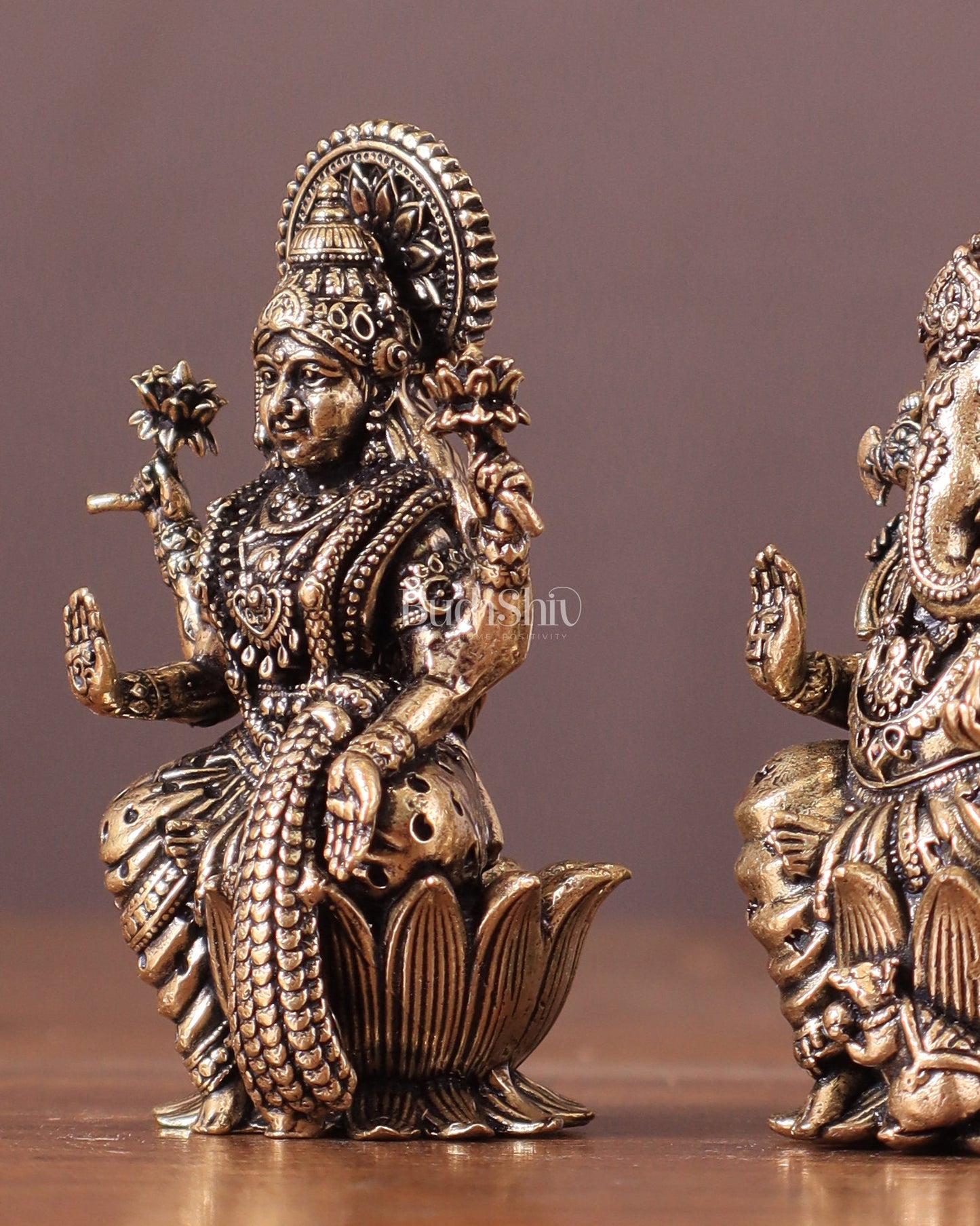 Pure Brass Superfine Small ganesh Lakshmi Idol - 2.5" Tall - Budhshiv.com