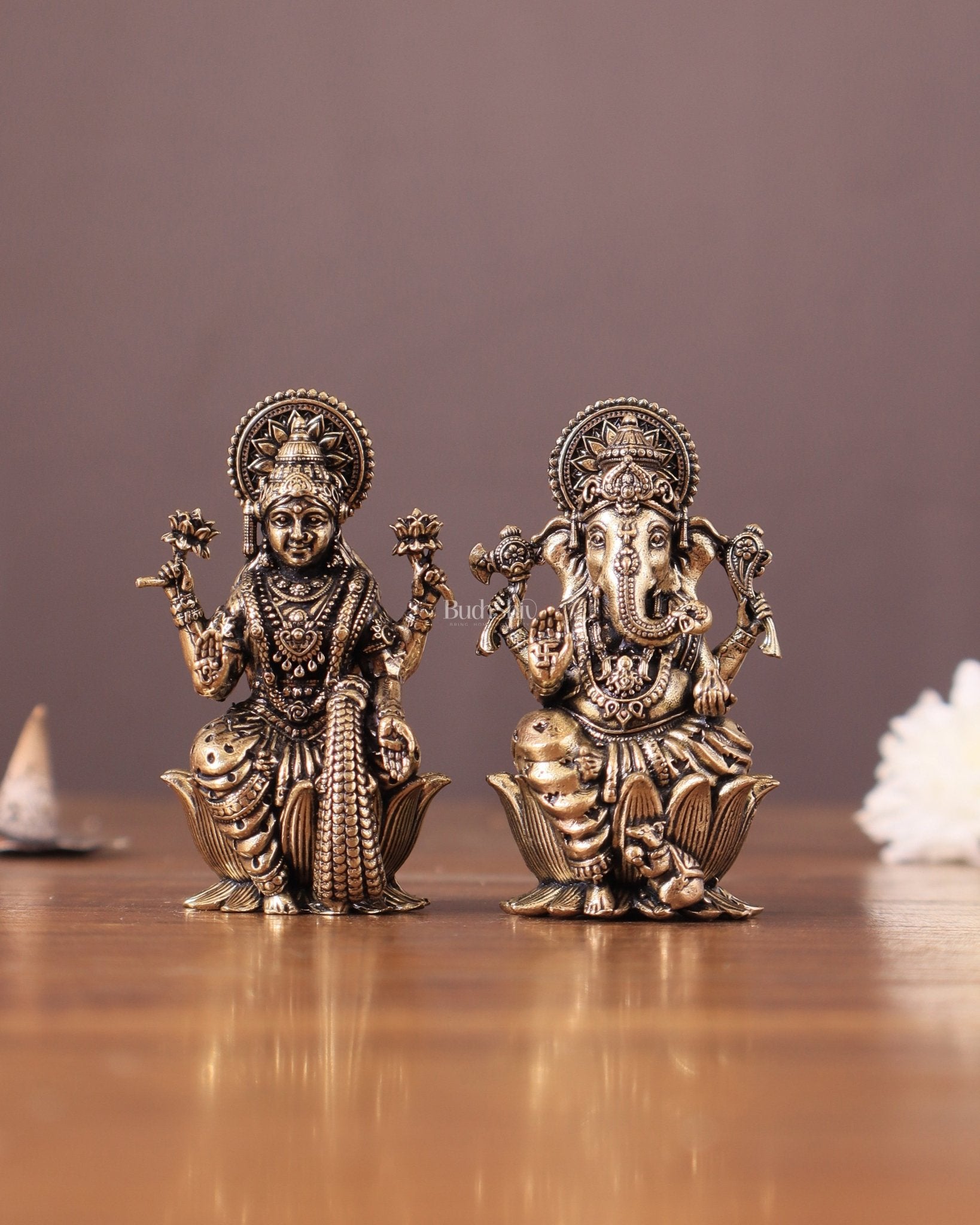 Pure Brass Superfine Small ganesh Lakshmi Idol - 2.5" Tall - Budhshiv.com
