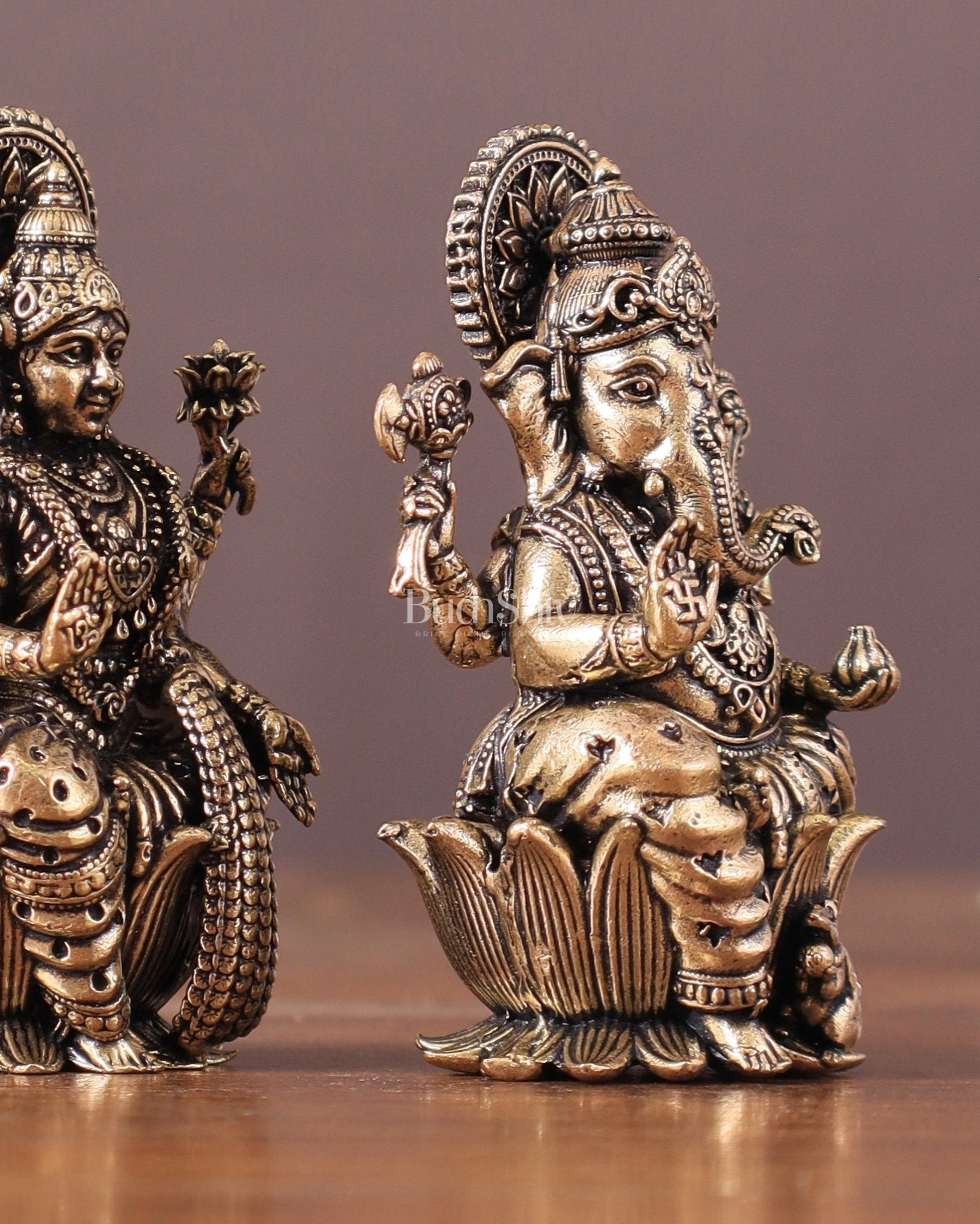 Pure Brass Superfine Small ganesh Lakshmi Idol - 2.5" Tall - Budhshiv.com