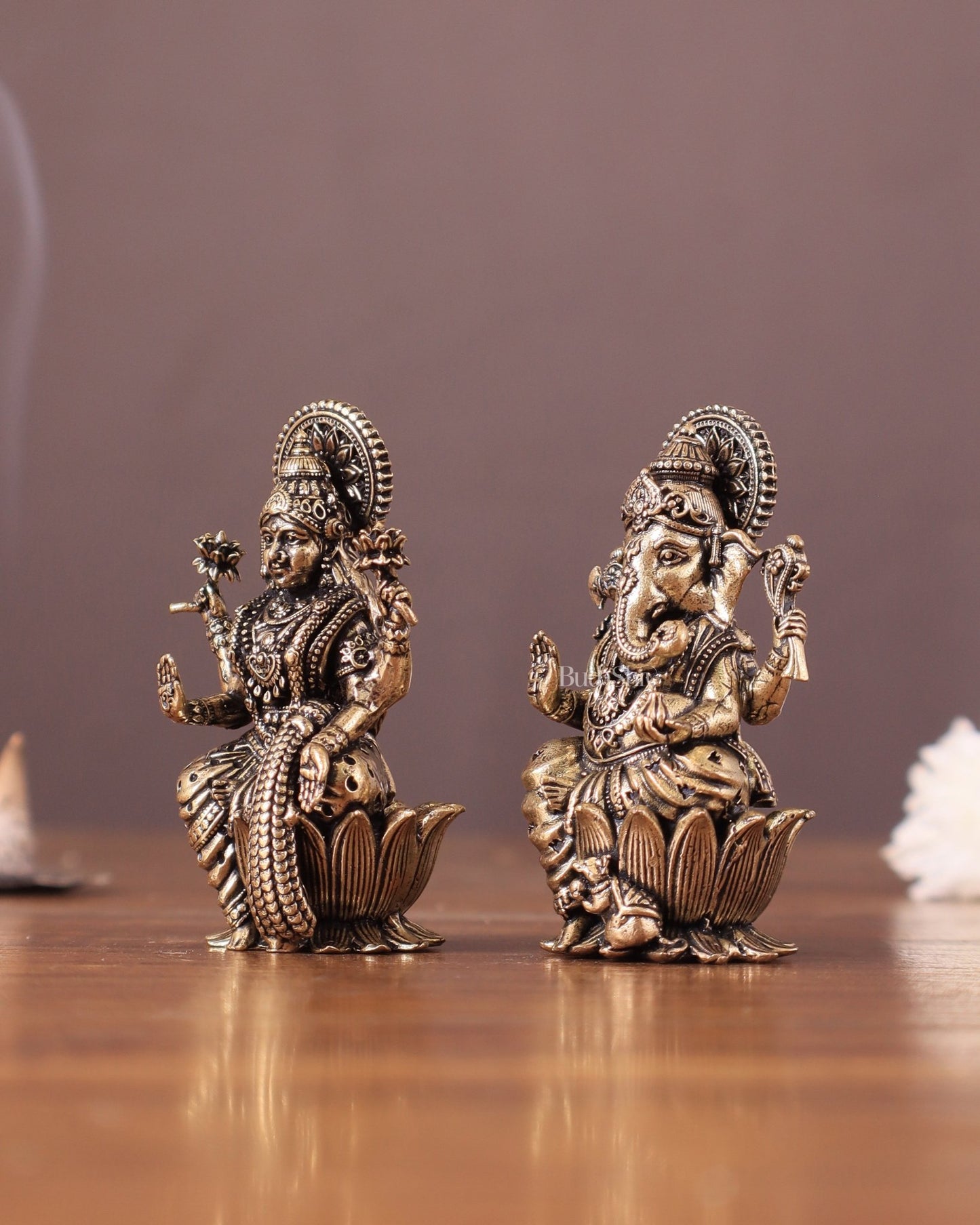 Pure Brass Superfine Small ganesh Lakshmi Idol - 2.5" Tall - Budhshiv.com