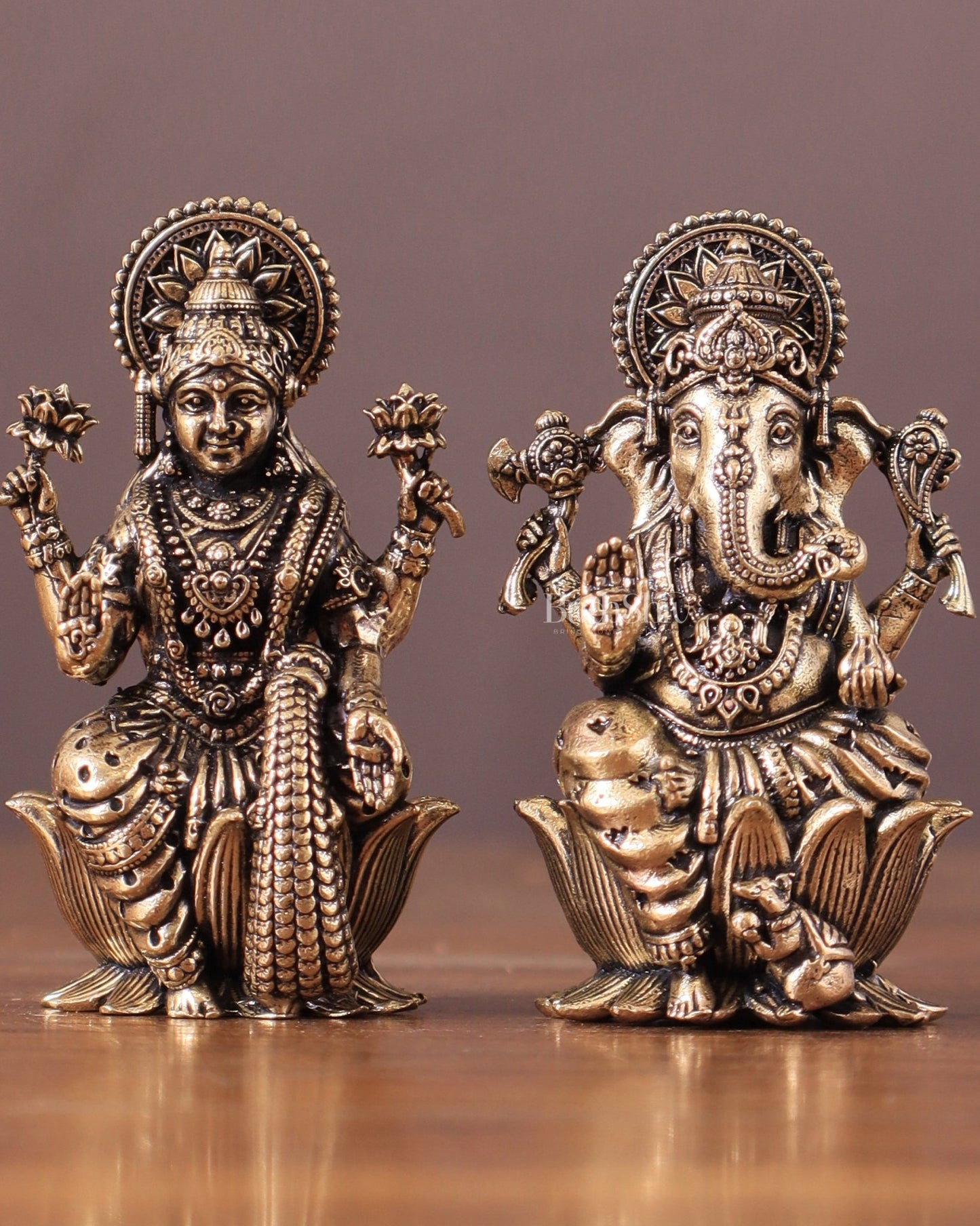 Pure Brass Superfine Small ganesh Lakshmi Idol - 2.5" Tall - Budhshiv.com