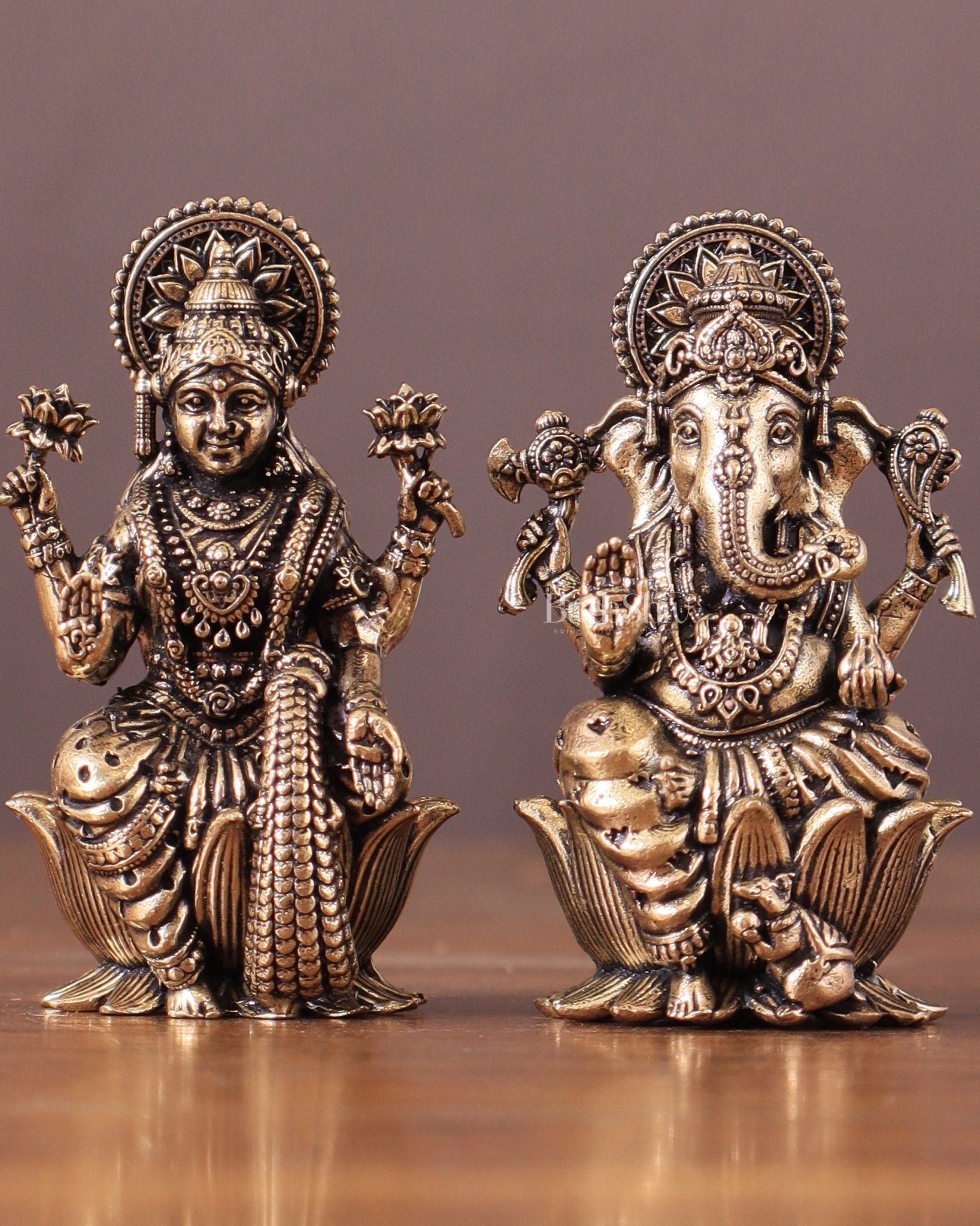 Pure Brass Superfine Small ganesh Lakshmi Idol - 2.5" Tall - Budhshiv.com