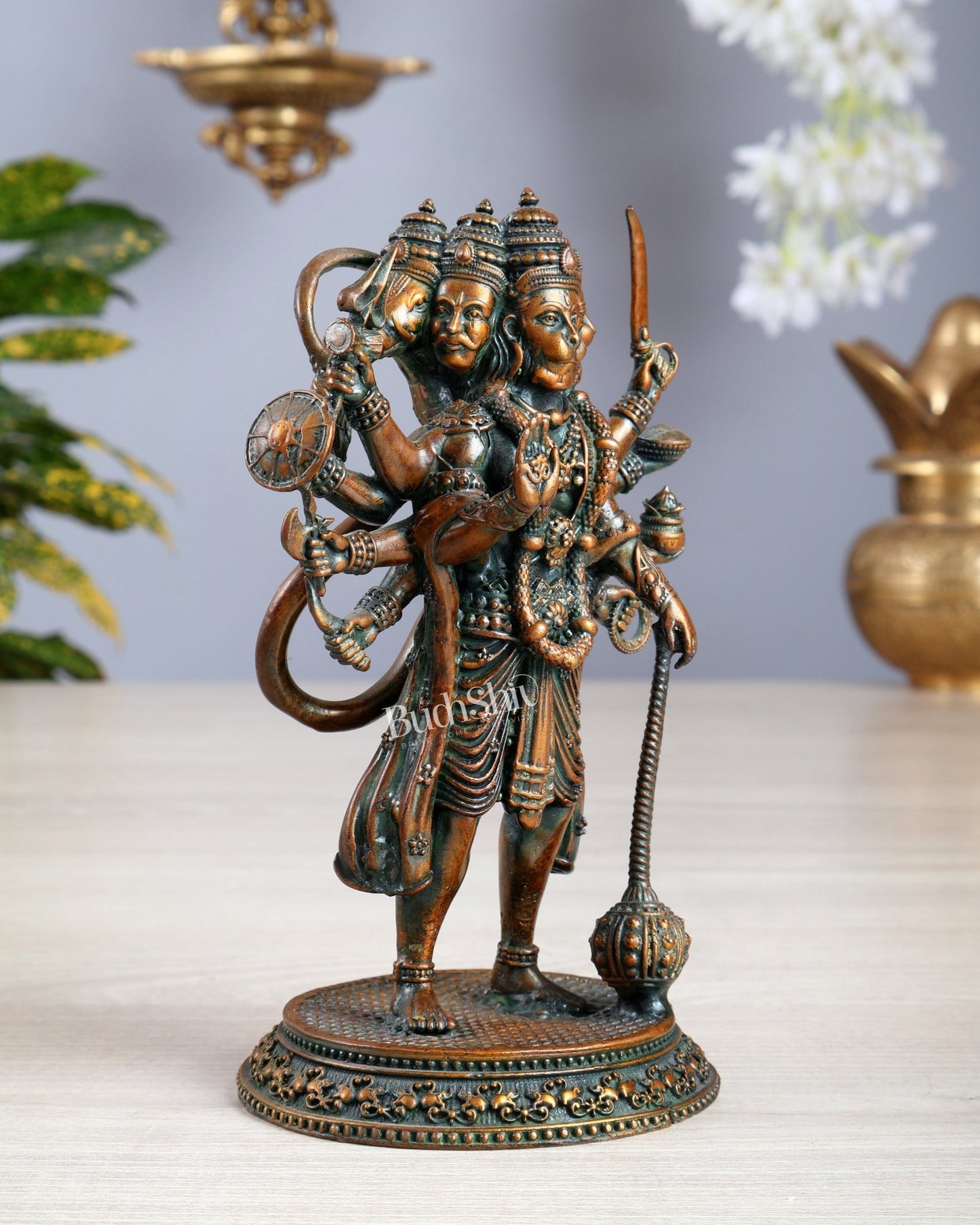 Pure Brass Superfine Standing Panchmukhi Hanuman Idol 6.5" chola brown finish - Budhshiv.com