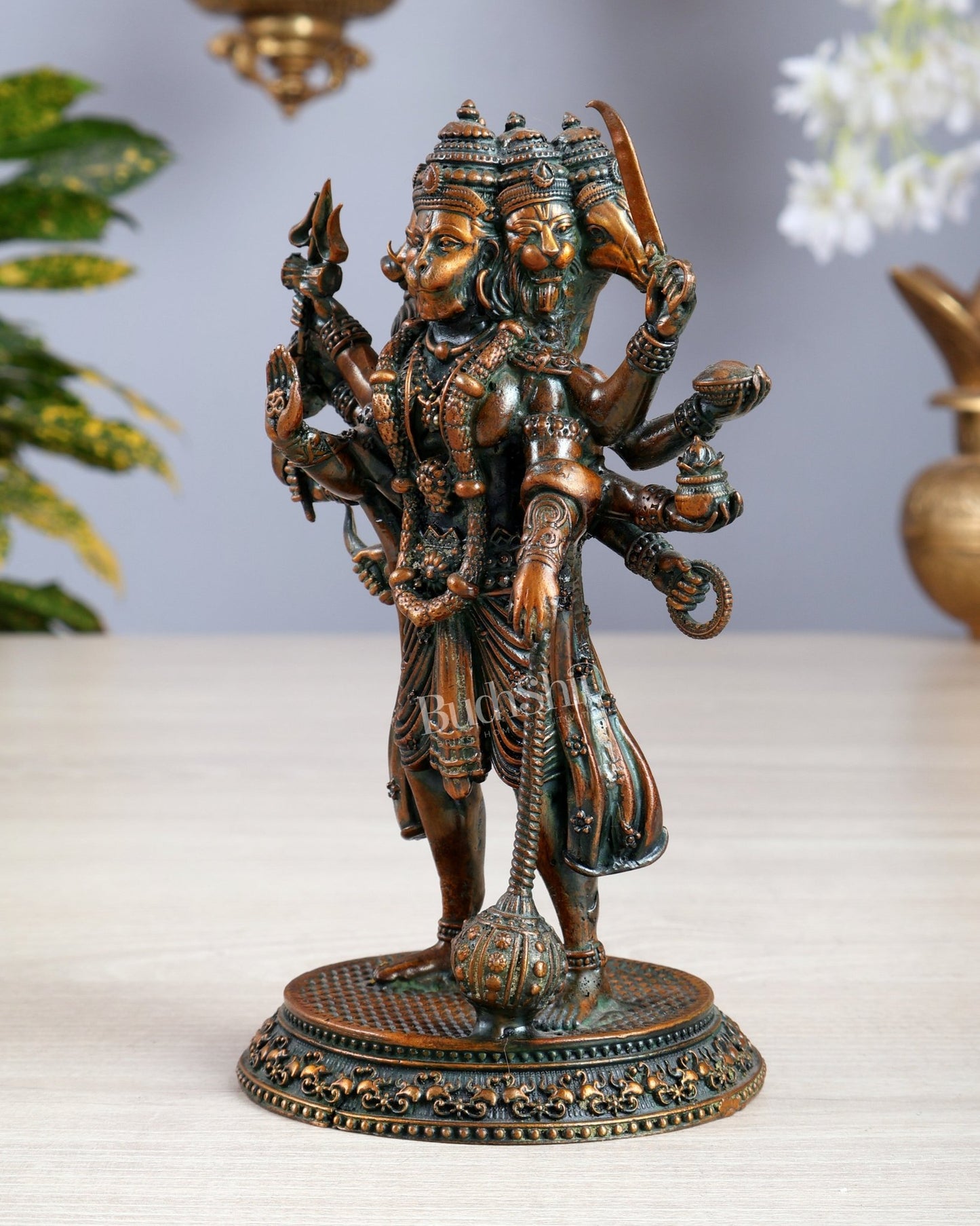Pure Brass Superfine Standing Panchmukhi Hanuman Idol 6.5" chola brown finish - Budhshiv.com