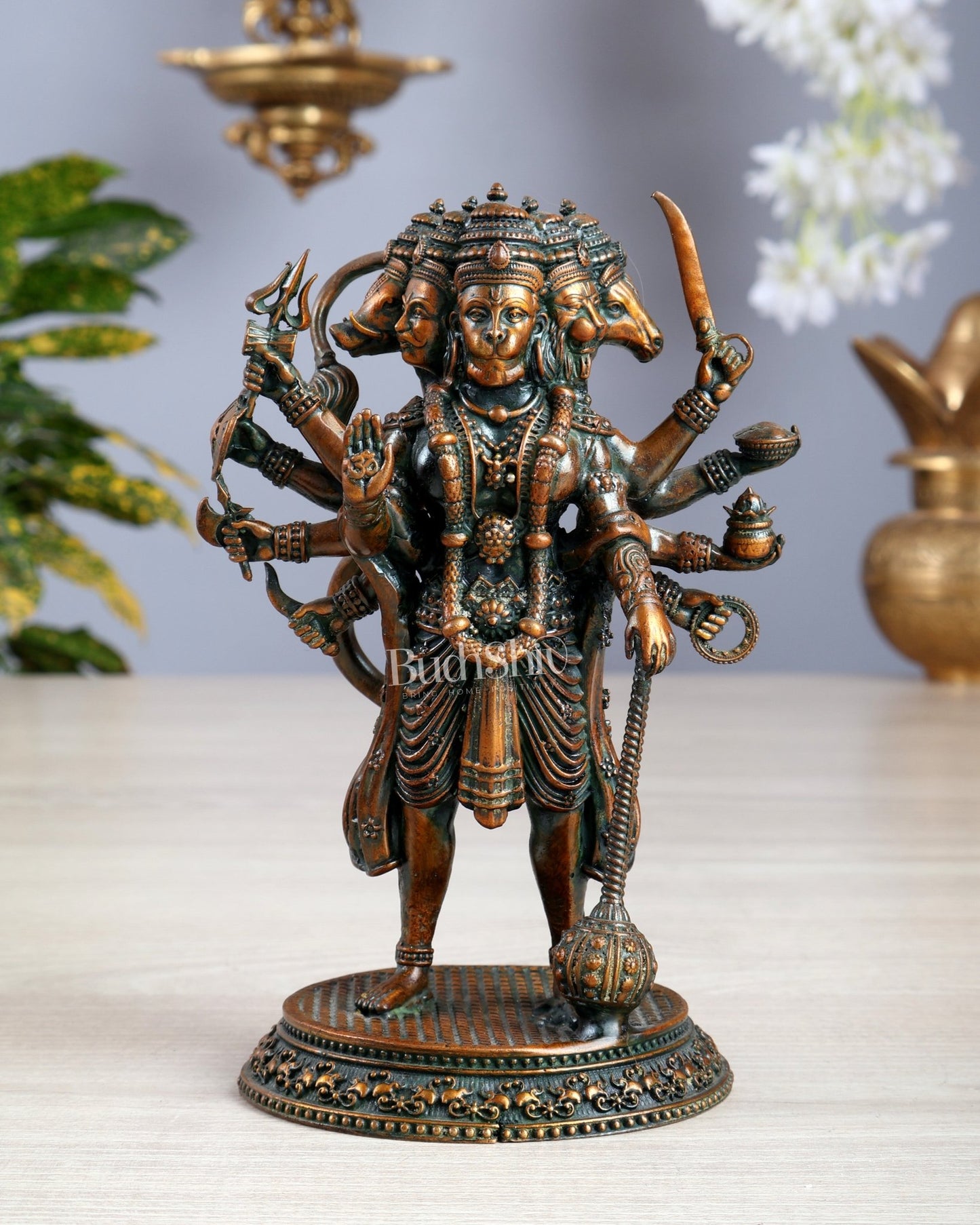 Pure Brass Superfine Standing Panchmukhi Hanuman Idol 6.5" chola brown finish - Budhshiv.com