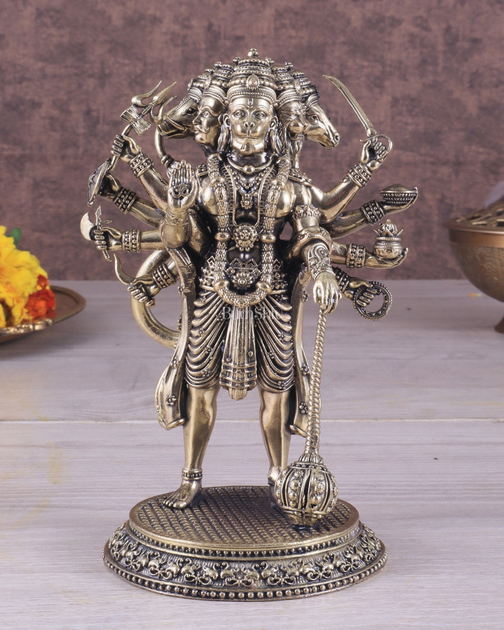 Pure Brass Superfine Standing Panchmukhi Hanuman Idol 6.5" - Budhshiv.com