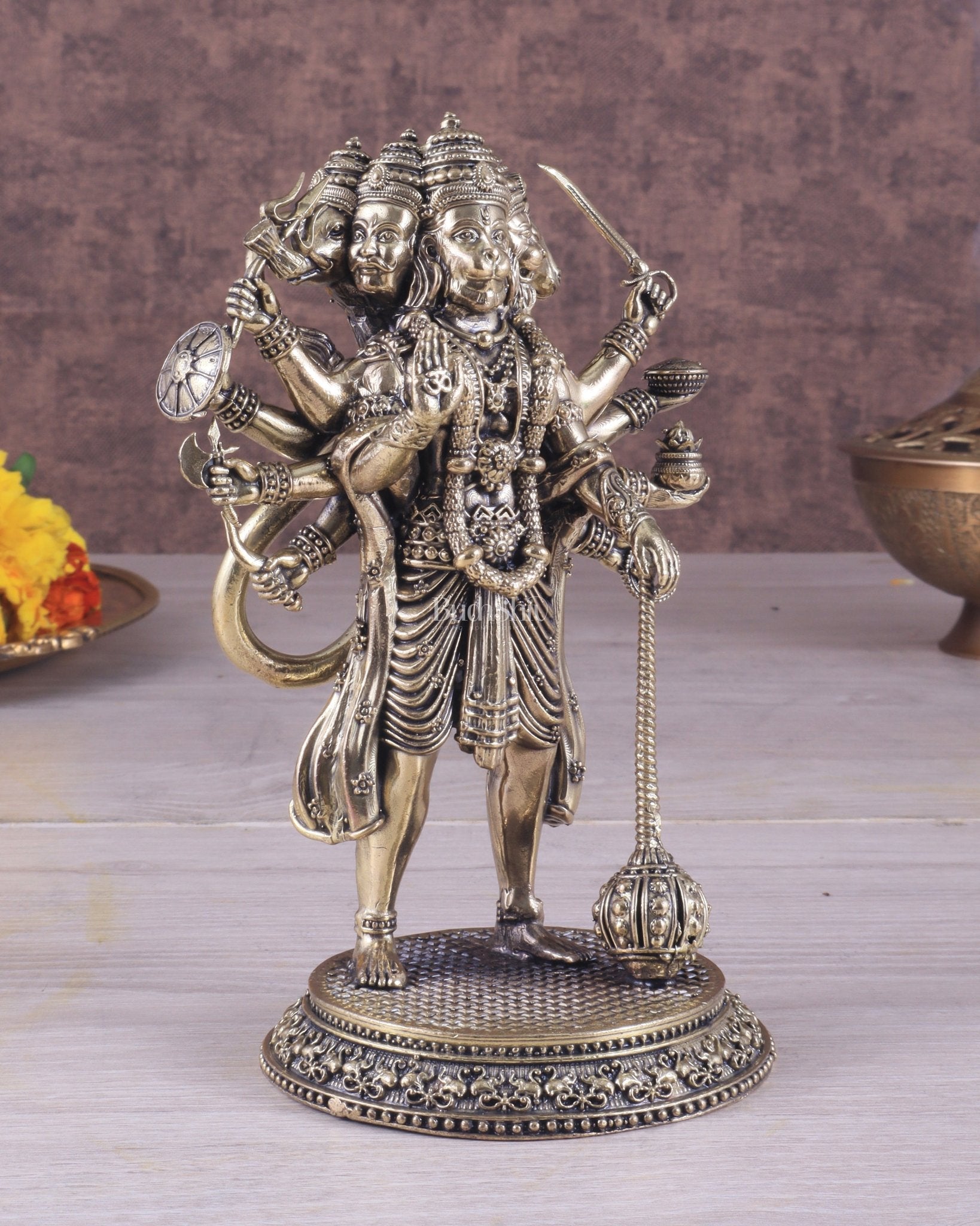 Pure Brass Superfine Standing Panchmukhi Hanuman Idol 6.5" - Budhshiv.com