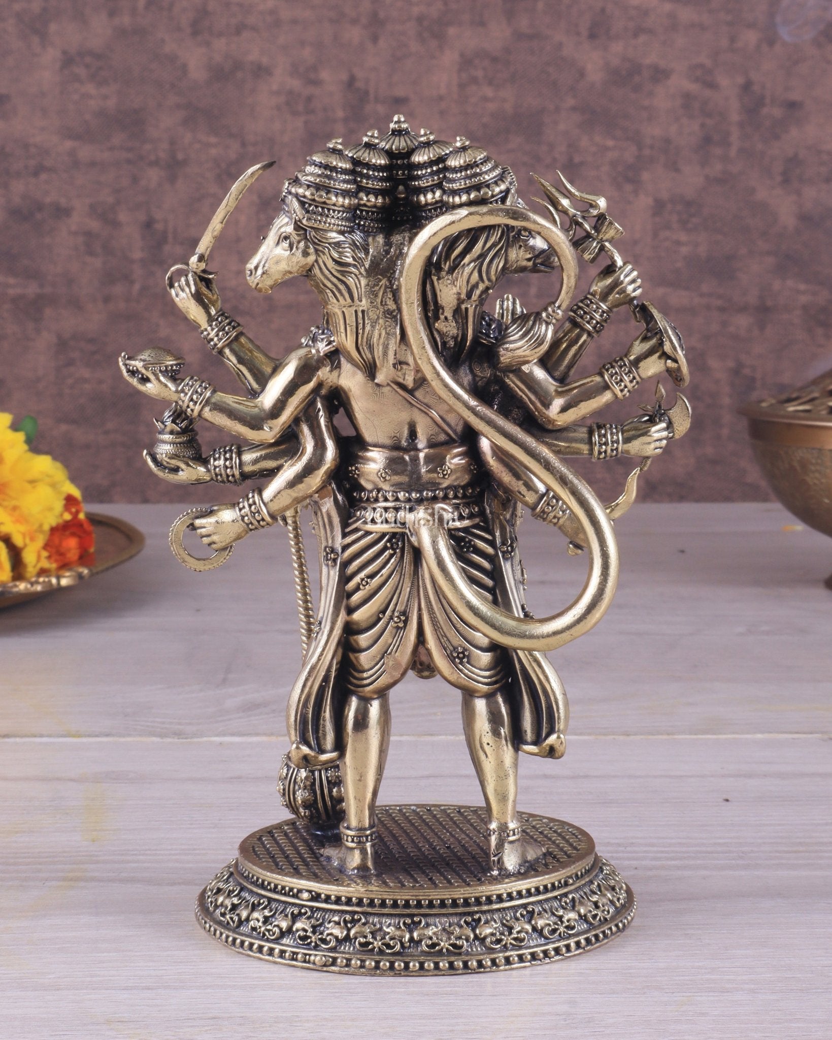 Pure Brass Superfine Standing Panchmukhi Hanuman Idol 6.5" - Budhshiv.com