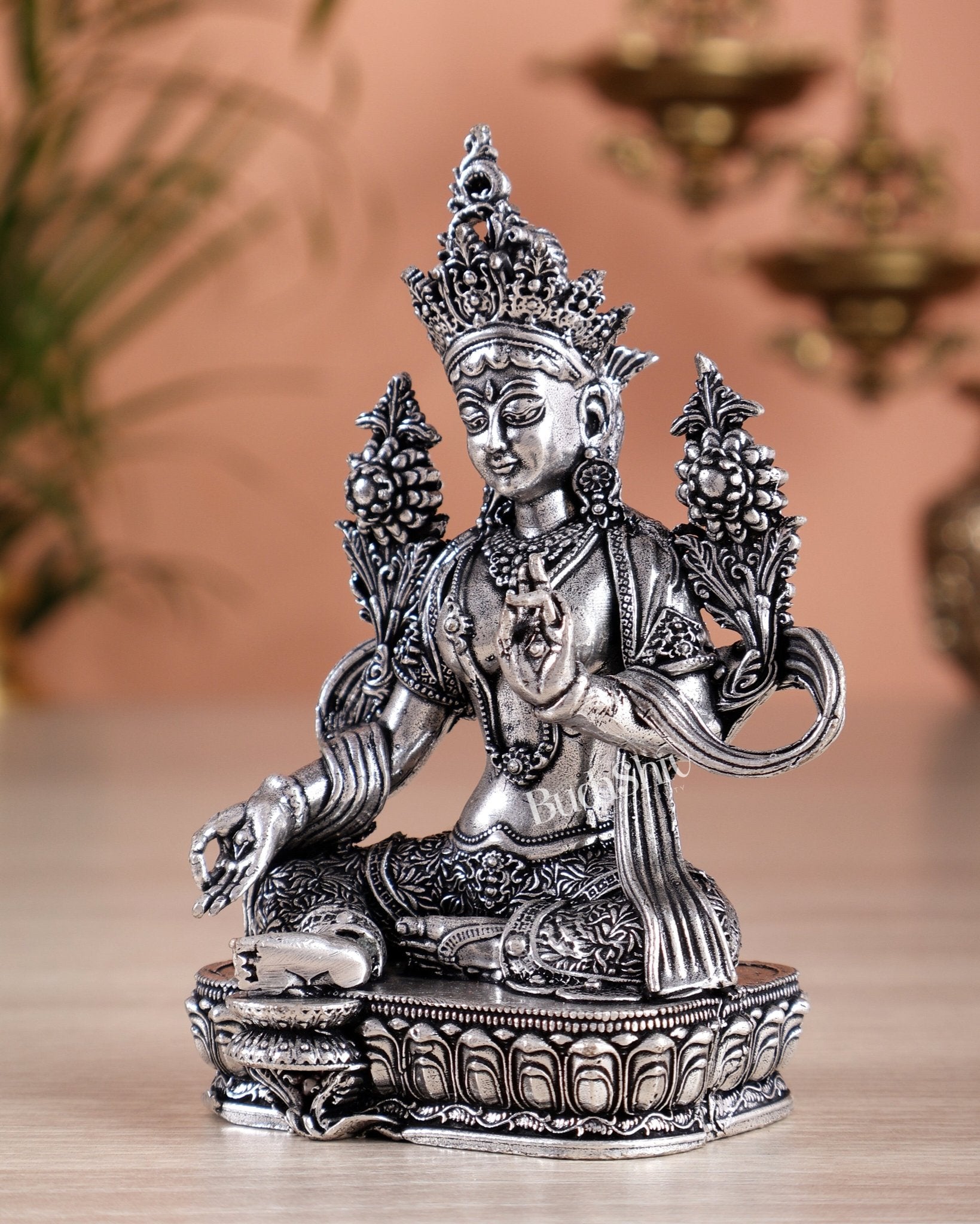 Pure Brass Superfine Tibetan Green Tara Idol 4.5" silver plated - Budhshiv.com