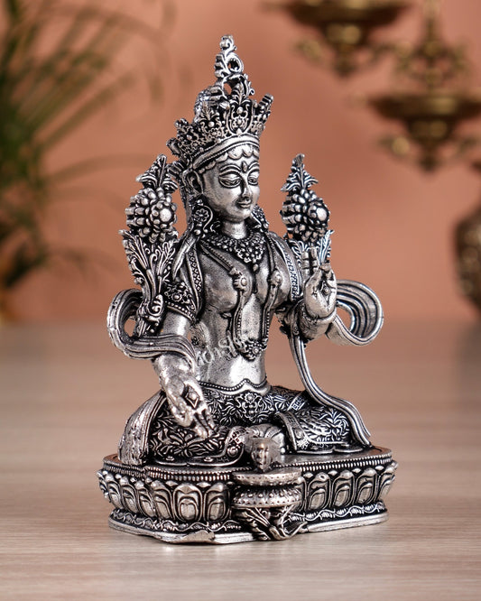 Pure Brass Superfine Tibetan Green Tara Idol 4.5" silver plated - Budhshiv.com