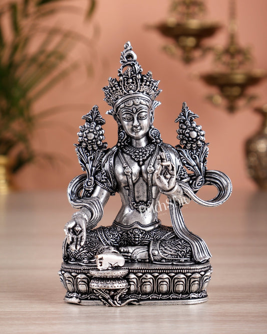 Pure Brass Superfine Tibetan Green Tara Idol 4.5" silver plated - Budhshiv.com