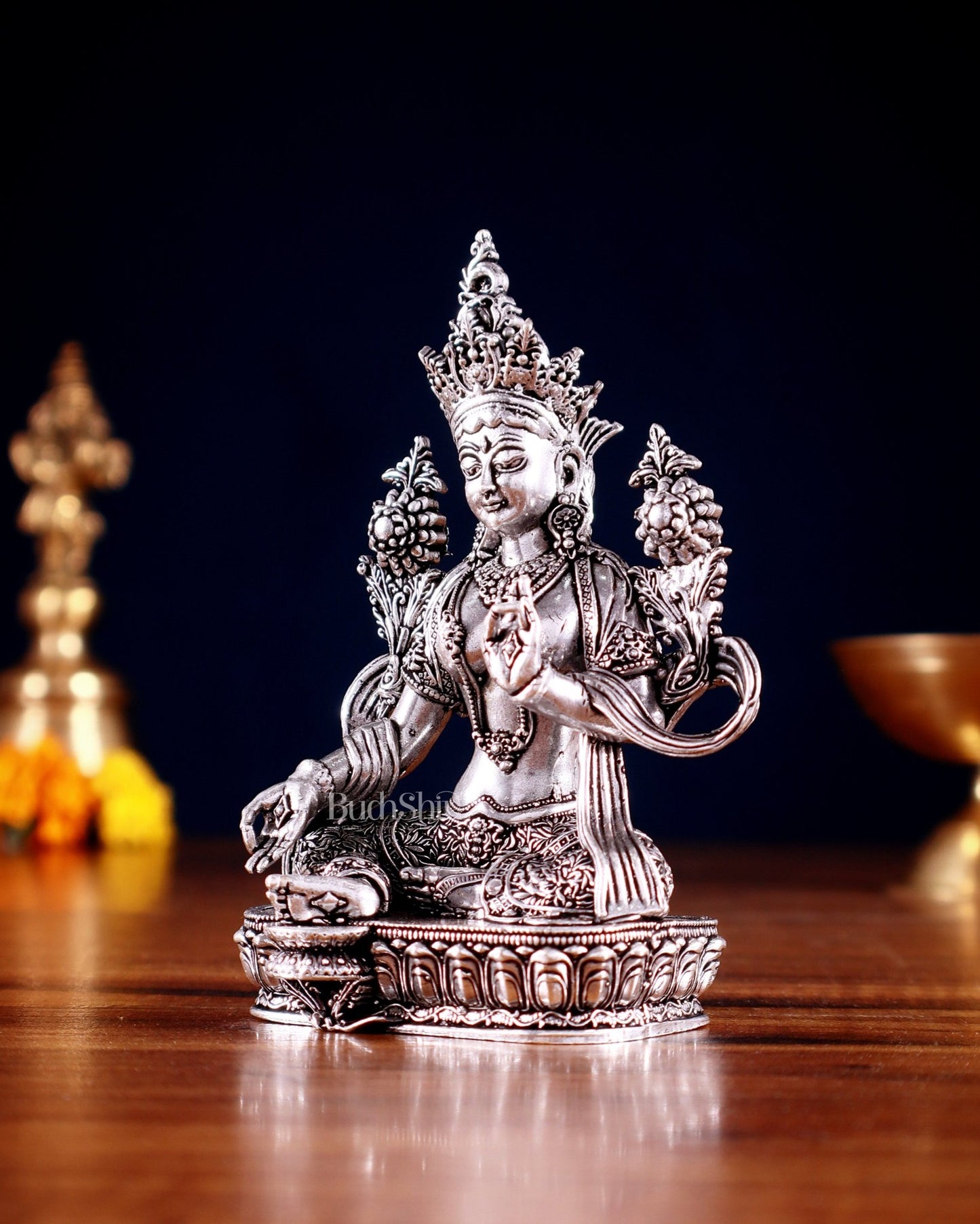 Pure Brass Superfine Tibetan Green Tara Idol 4.5" silver plated - Budhshiv.com