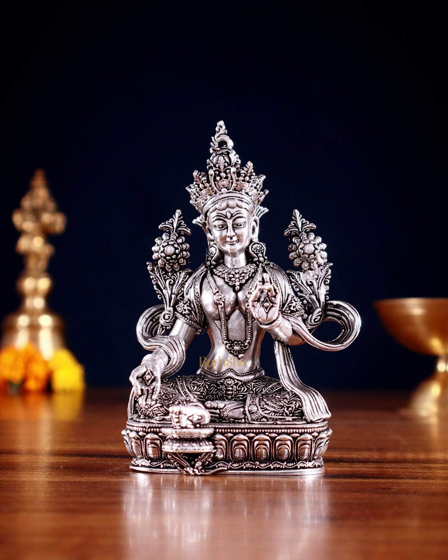 Pure Brass Superfine Tibetan Green Tara Idol 4.5" silver plated - Budhshiv.com