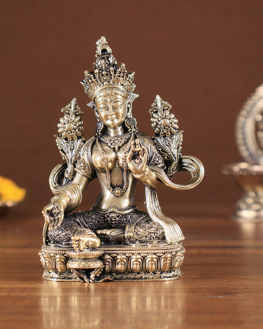 Pure Brass Superfine Tibetan Green Tara Idol 4.5" - Budhshiv.com